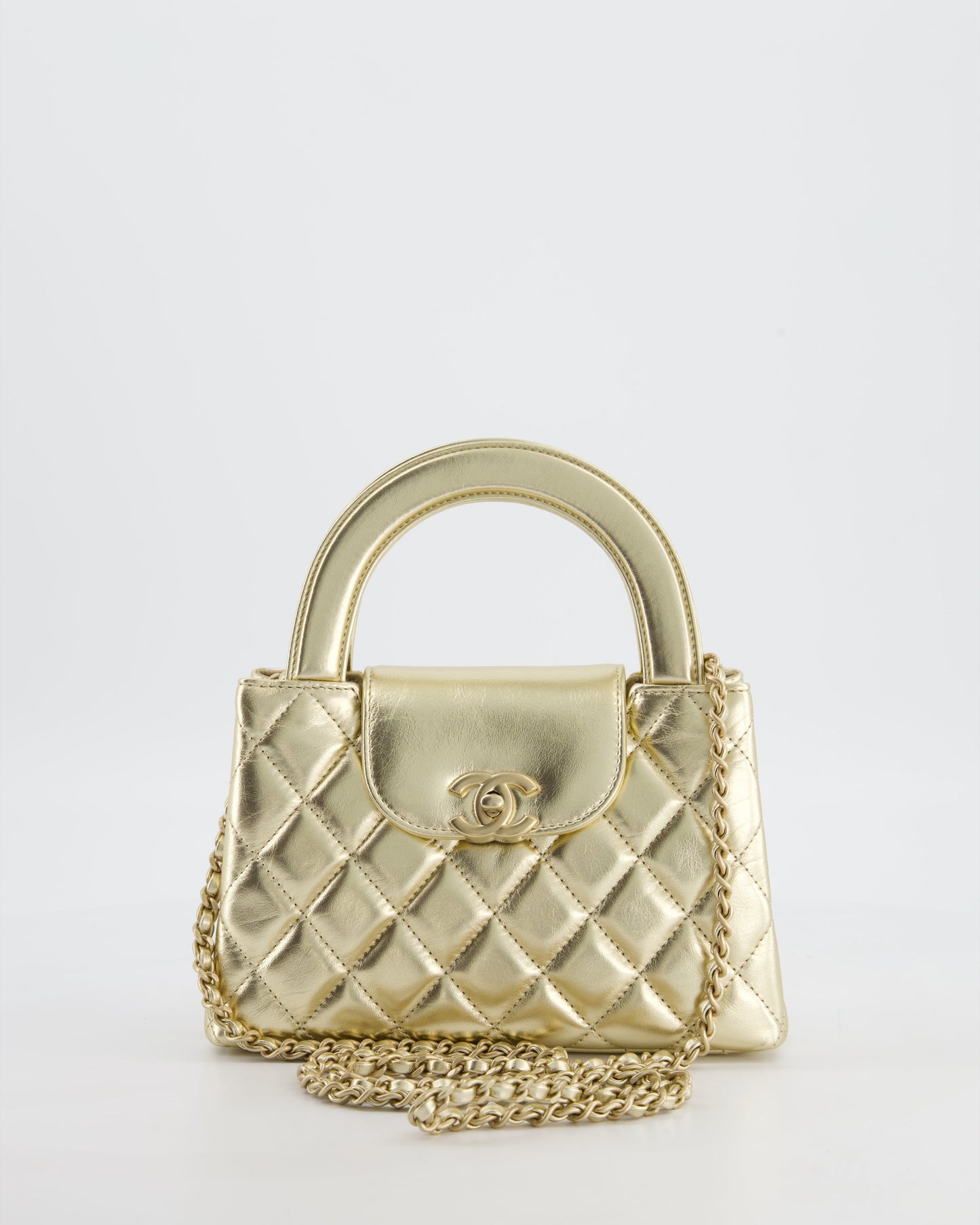 *HOT* Chanel Gold Small Mini Kelly Shopping Bag in Shiny Metallic Calfskin Leather with Metallic Gold Hardware