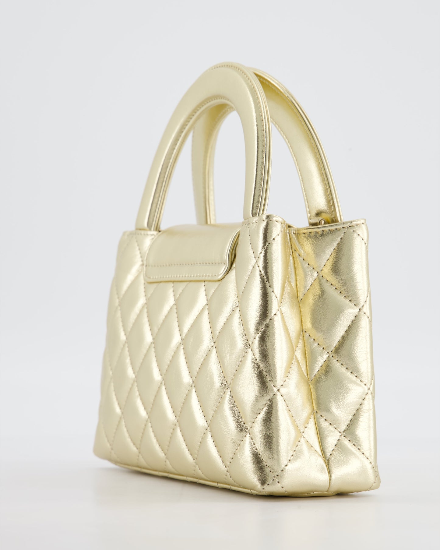 *HOT* Chanel Gold Small Mini Kelly Shopping Bag in Shiny Metallic Calfskin Leather with Metallic Gold Hardware