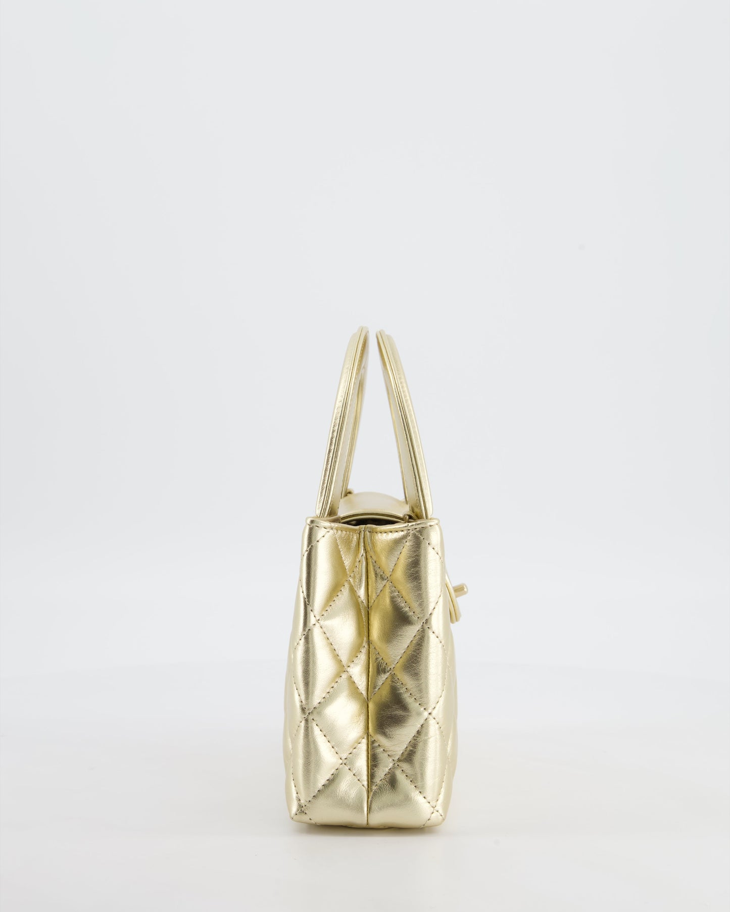 *HOT* Chanel Gold Small Mini Kelly Shopping Bag in Shiny Metallic Calfskin Leather with Metallic Gold Hardware
