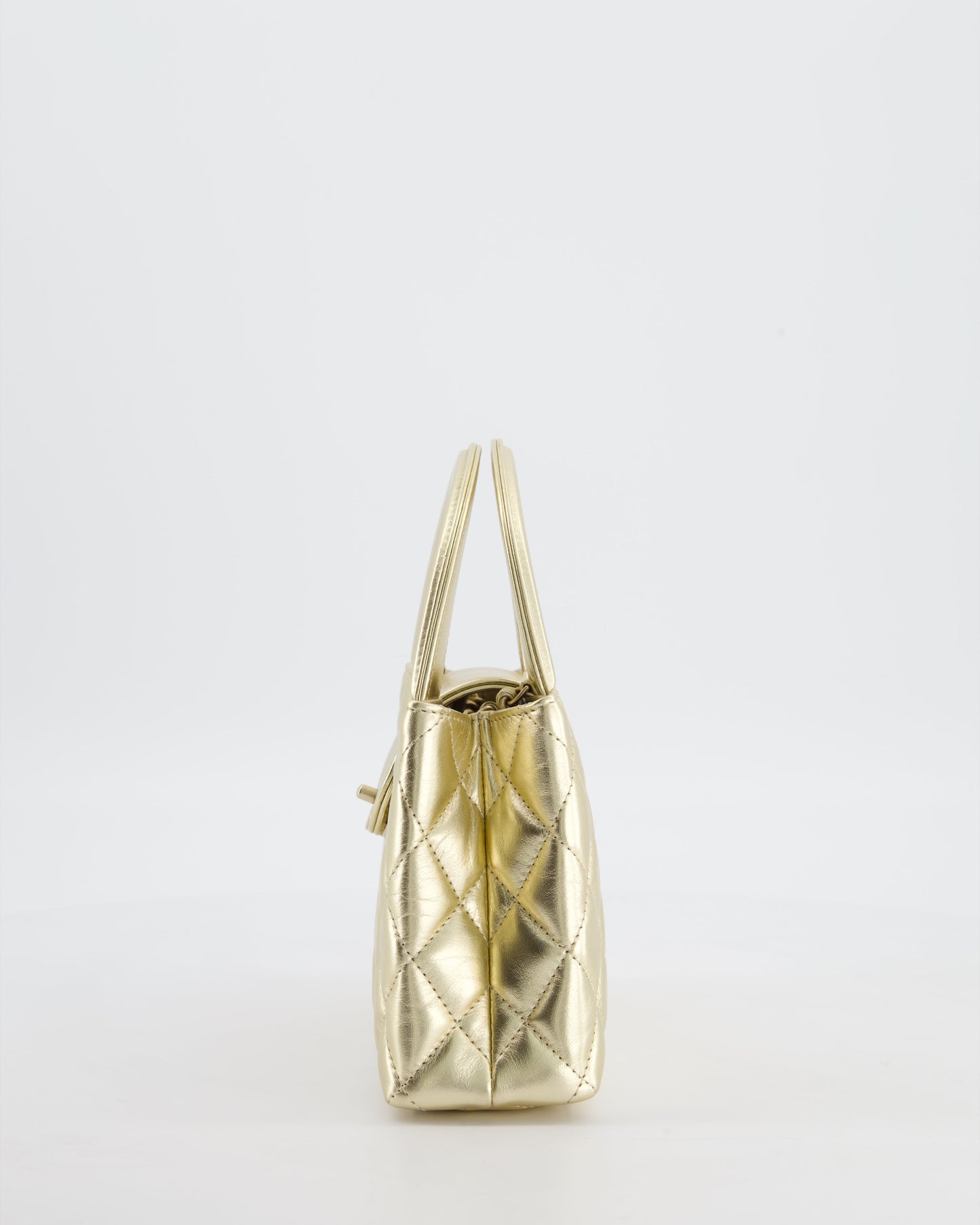 *HOT* Chanel Gold Small Mini Kelly Shopping Bag in Shiny Metallic Calfskin Leather with Metallic Gold Hardware