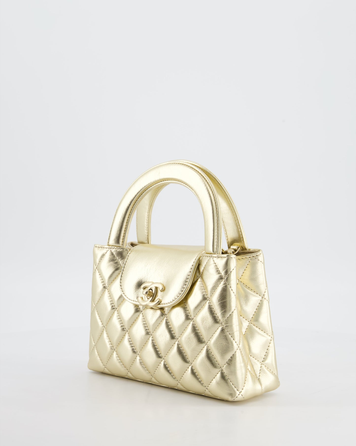*HOT* Chanel Gold Small Mini Kelly Shopping Bag in Shiny Metallic Calfskin Leather with Metallic Gold Hardware