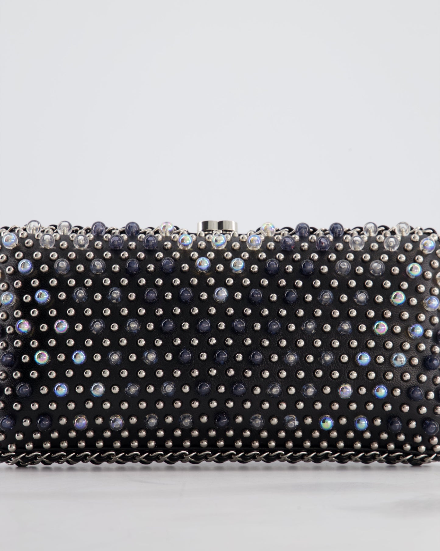 Chanel Black Beaded Clutch Bag with Chain Detailing and Long Shoulder Strap