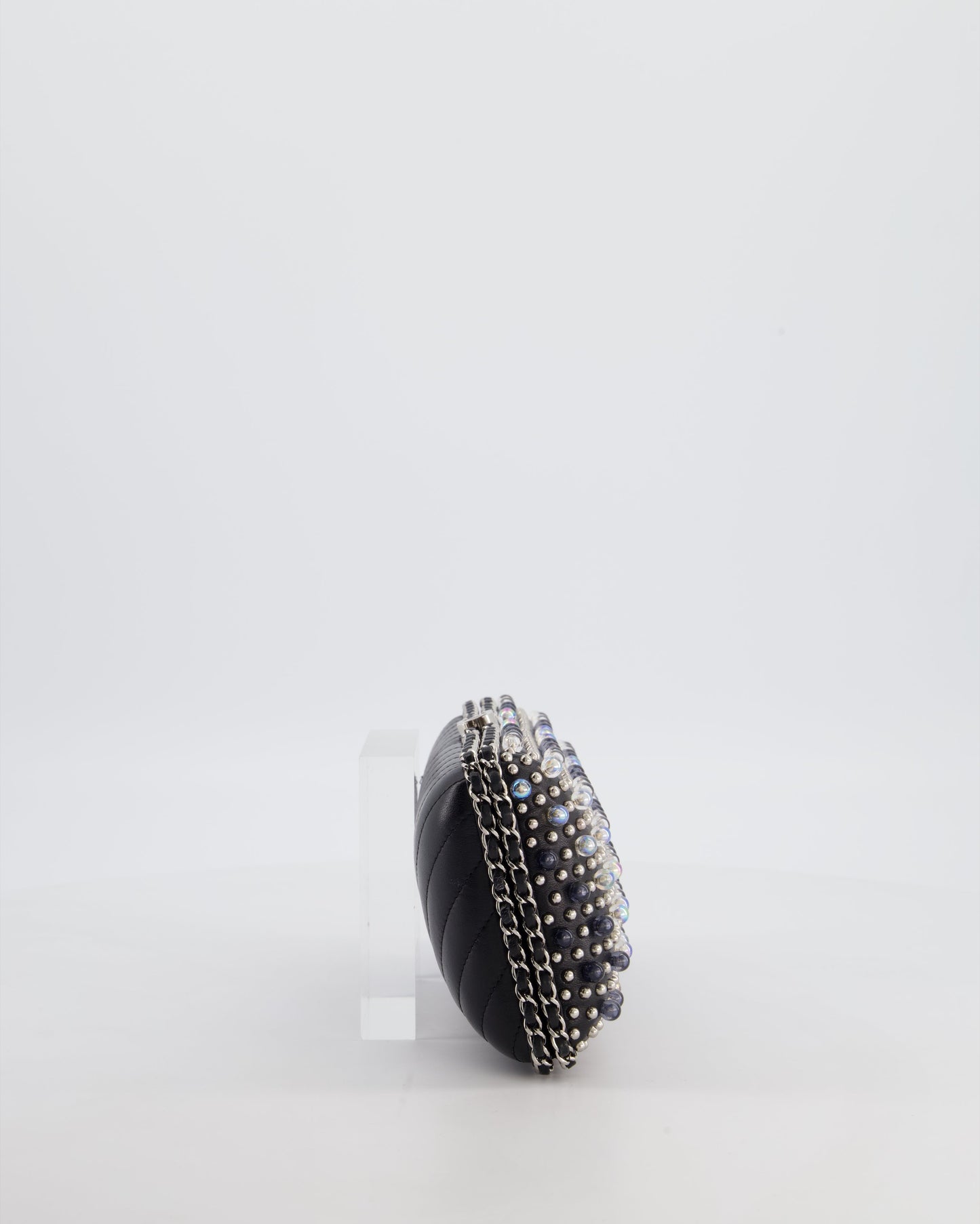 Chanel Black Beaded Clutch Bag with Chain Detailing and Long Shoulder Strap
