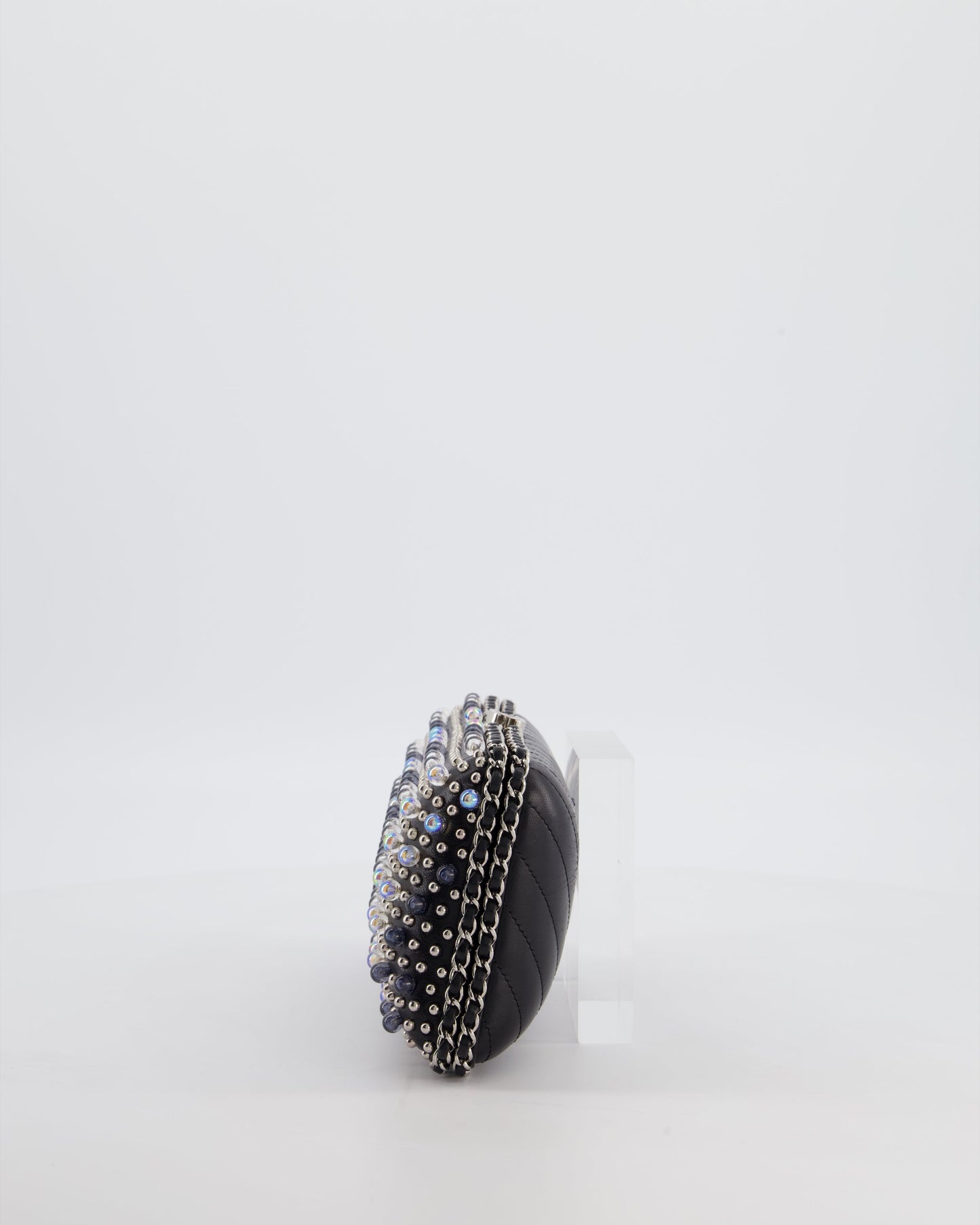 Chanel Black Beaded Clutch Bag with Chain Detailing and Long Shoulder Strap