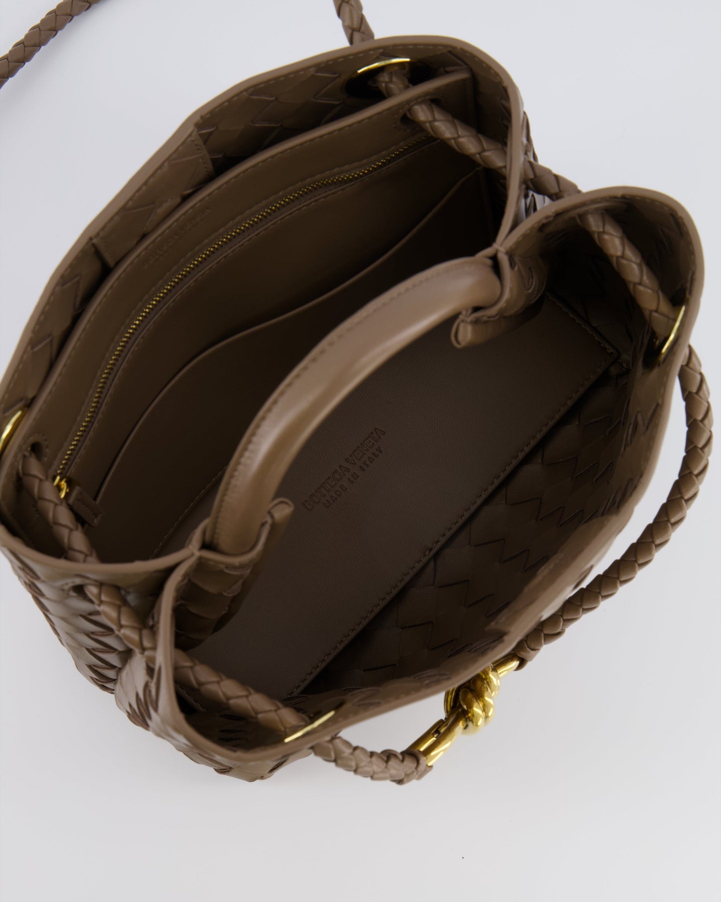 Bottega Veneta Small Andiamo Bag in Taupe Intrecciato Leather with Gold Hardware