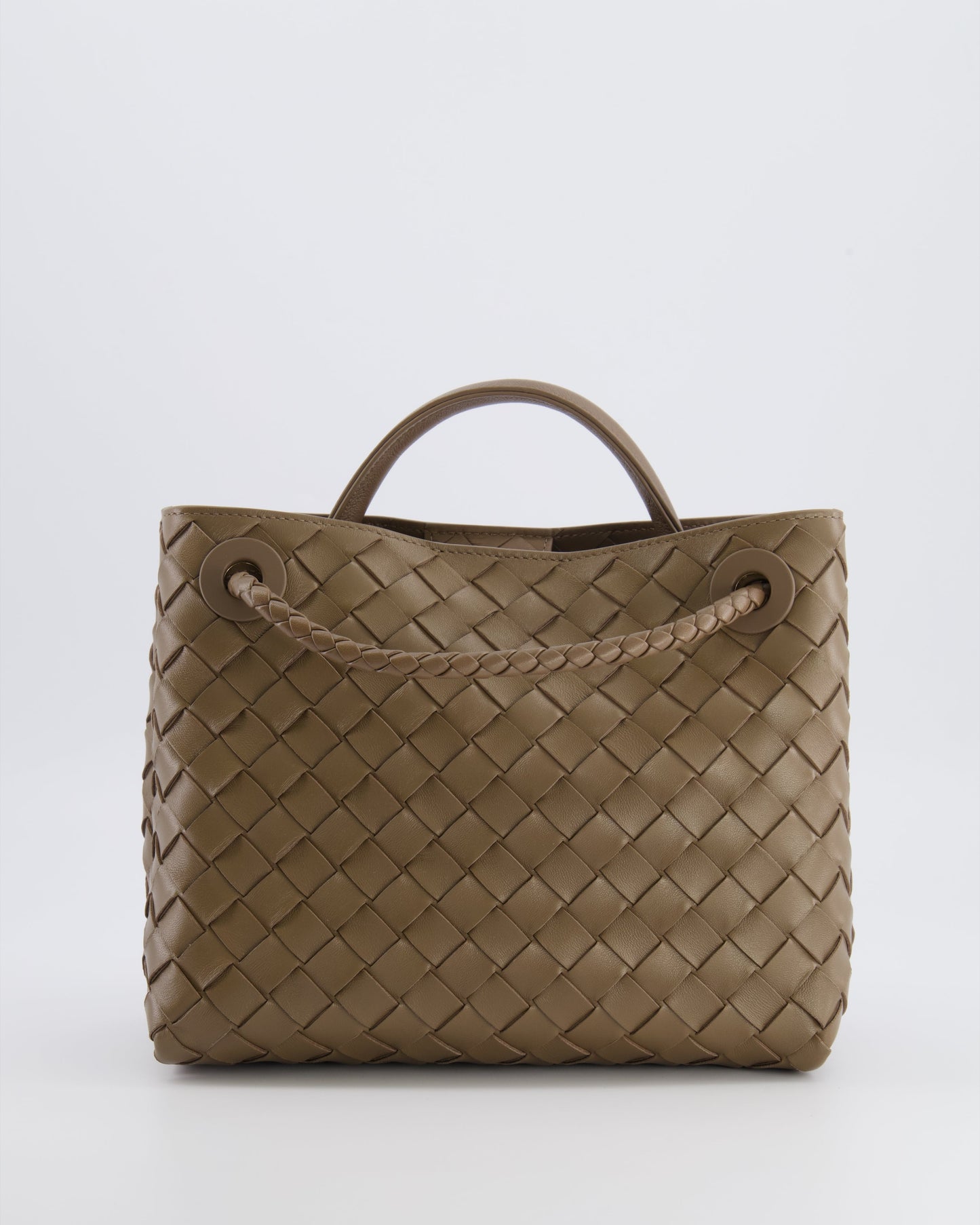 Bottega Veneta Small Andiamo Bag in Taupe Intrecciato Leather with Gold Hardware