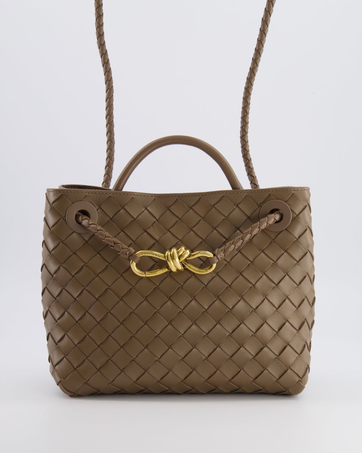 Bottega Veneta Small Andiamo Bag in Taupe Intrecciato Leather with Gold Hardware