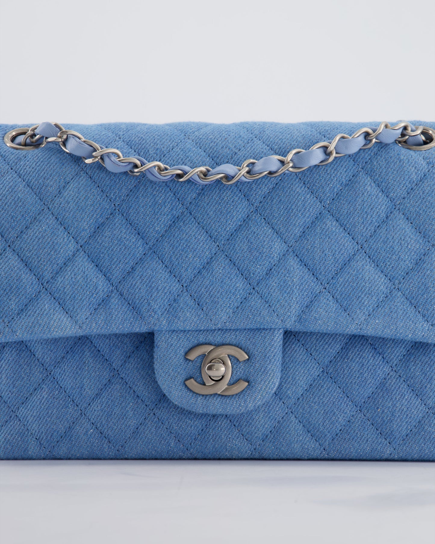 Chanel 25C Medium Double Flap Bag in Light Blue Denim with Brushed Silver Hardware