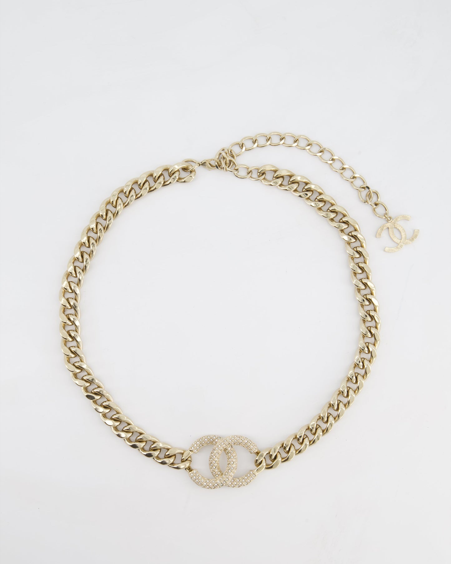 Chanel CC Gold Plated Curb Chain Necklace with CC Crystal Logo Detail