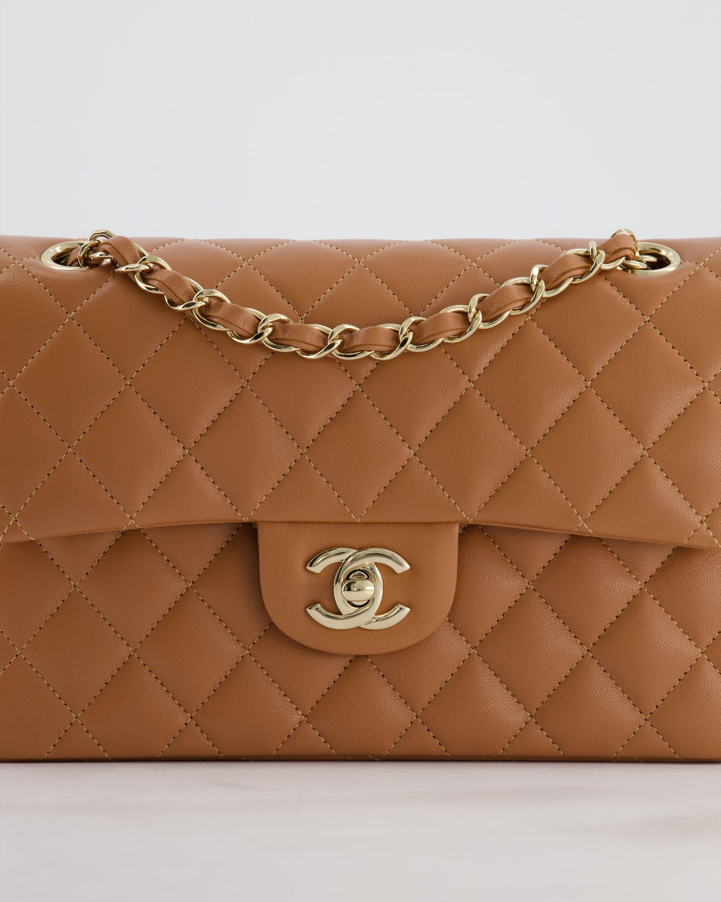 *HOT* Chanel Caramel Small Classic Double Flap Bag in Lambskin Leather with Champagne Gold Hardware