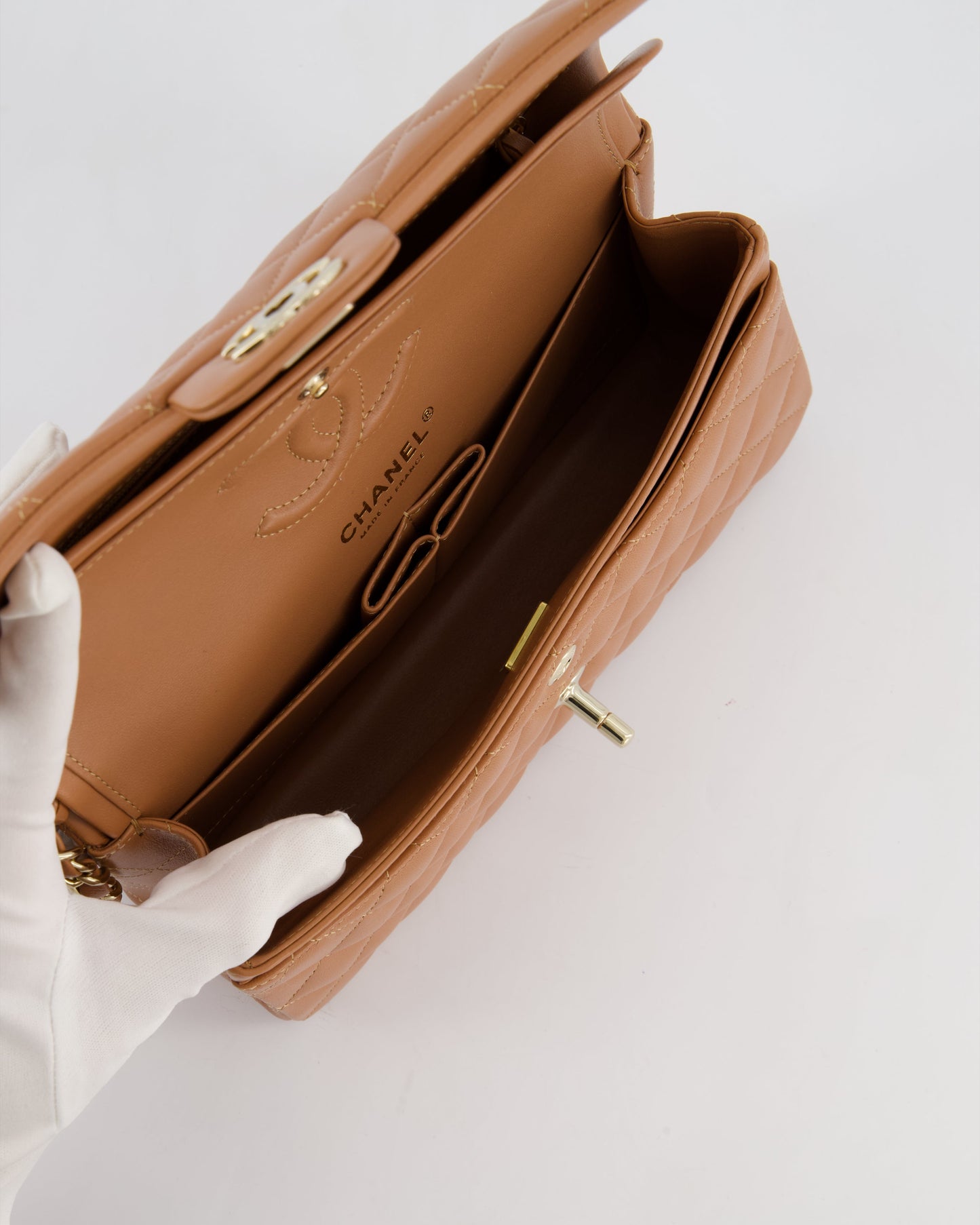 *HOT* Chanel Caramel Small Classic Double Flap Bag in Lambskin Leather with Champagne Gold Hardware