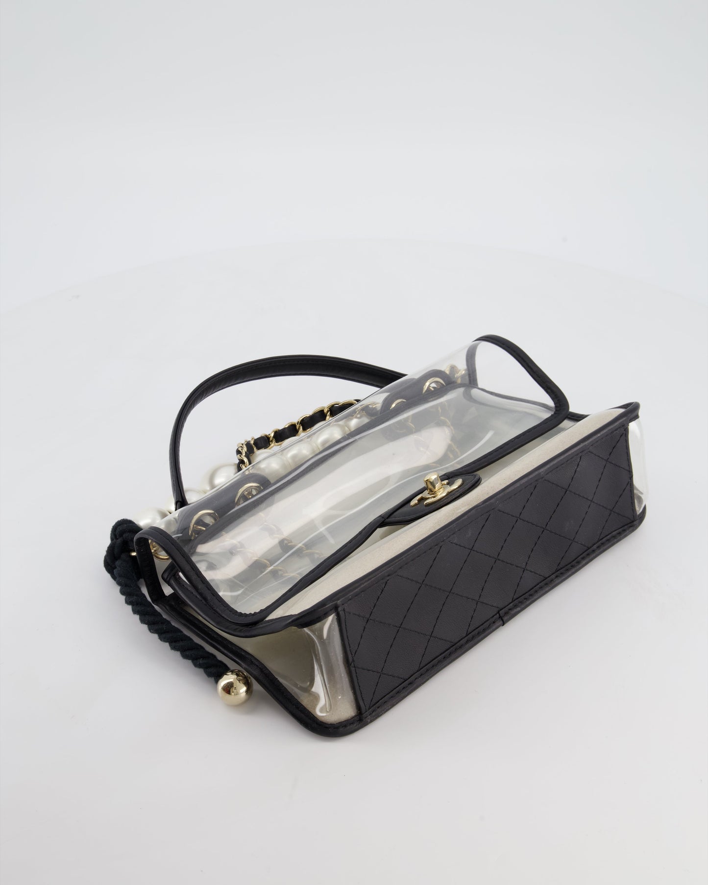 Chanel Black & PVC Coco Sand Medium Flap Bag with Pearl Strap and Champagne Gold Hardware