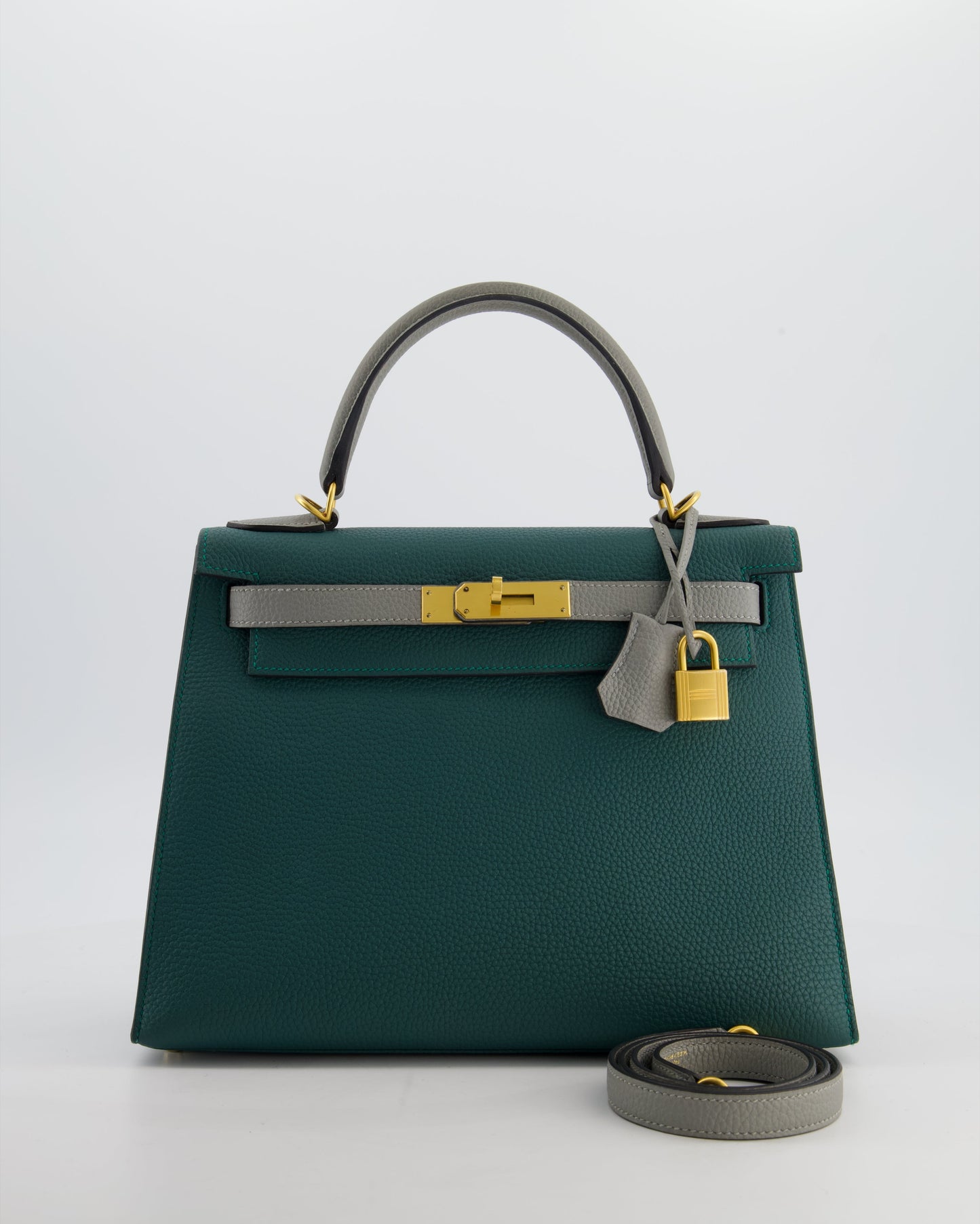 Herm�s HSS Kelly 28 Sellier Bag in Malachite and Gris Mouette Togo Leather with Brushed Gold Hardware