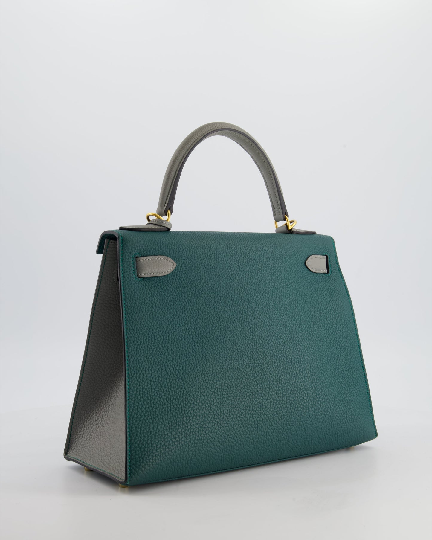 Herm�s HSS Kelly 28 Sellier Bag in Malachite and Gris Mouette Togo Leather with Brushed Gold Hardware