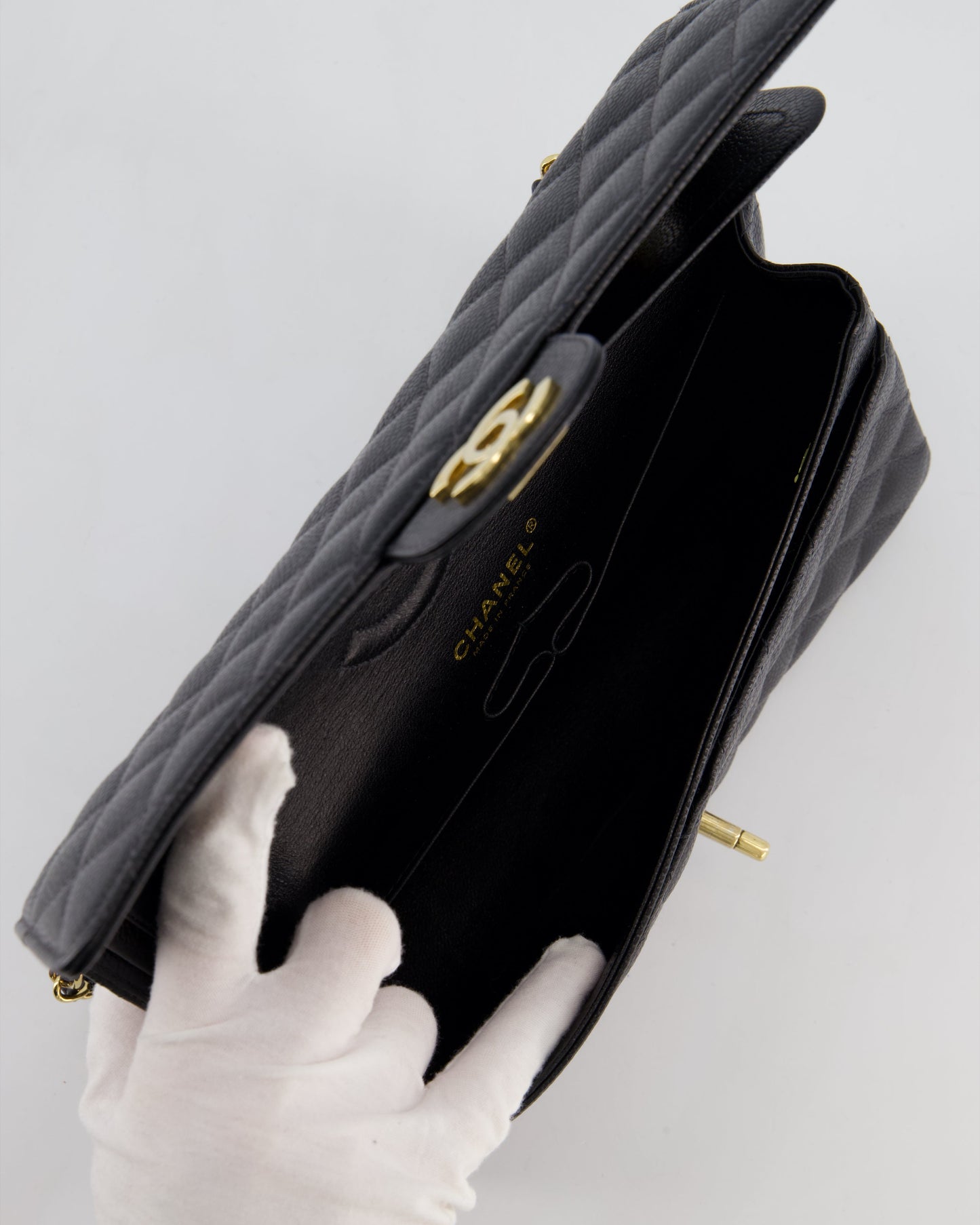 Chanel   Medium Black Classic Double Flap Bag in Caviar Leather with Gold Hardware