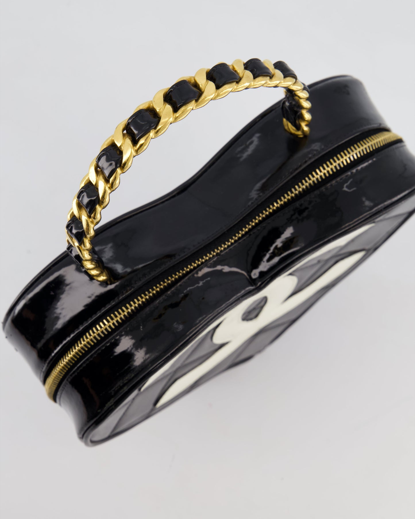 *RARE COLLECTORS ITEM* Chanel 1995   Black Heart Vanity Bag with White CC Logo and Gold Chain Handle Detail