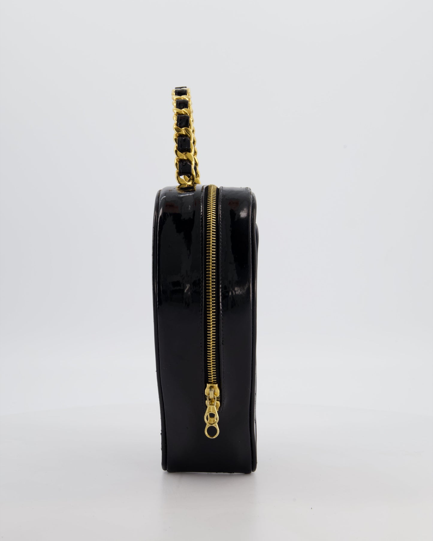 *RARE COLLECTORS ITEM* Chanel 1995   Black Heart Vanity Bag with White CC Logo and Gold Chain Handle Detail