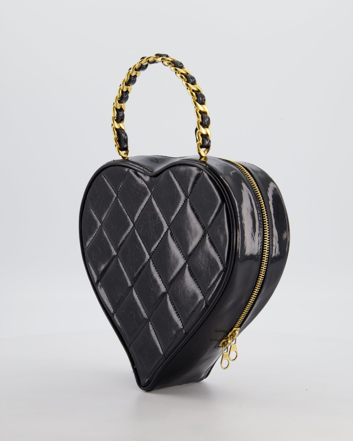 *RARE COLLECTORS ITEM* Chanel 1995   Black Heart Vanity Bag with White CC Logo and Gold Chain Handle Detail