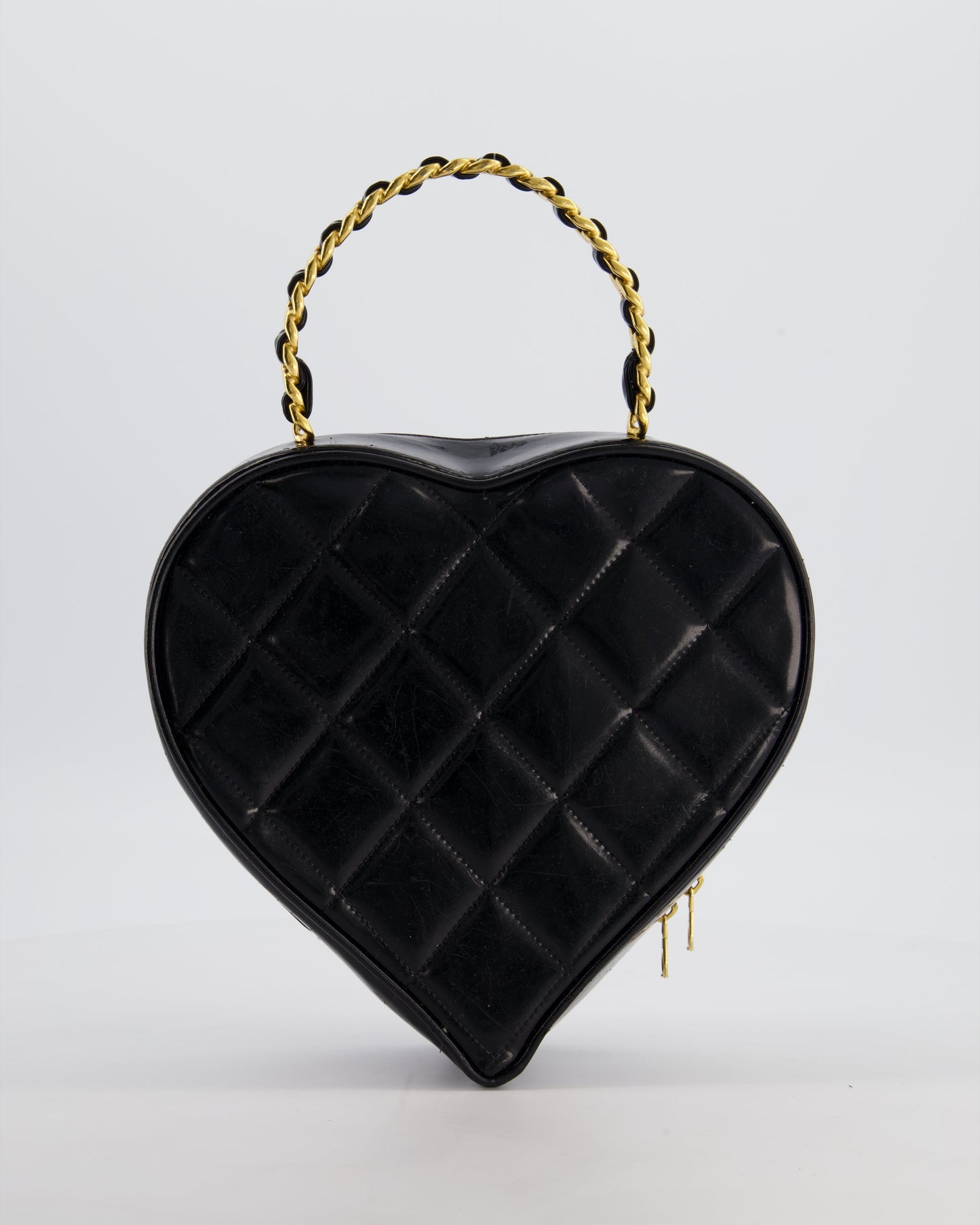*RARE COLLECTORS ITEM* Chanel 1995   Black Heart Vanity Bag with White CC Logo and Gold Chain Handle Detail
