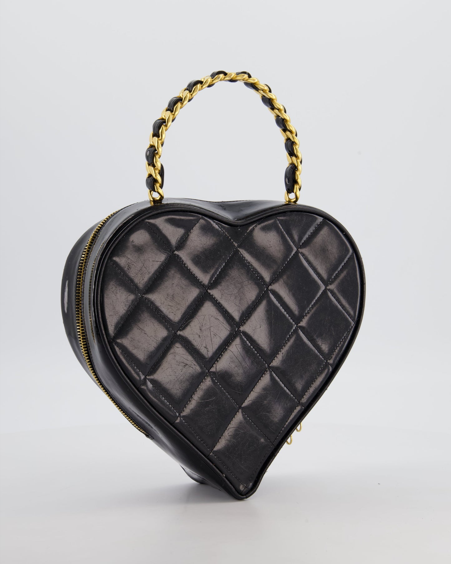 *RARE COLLECTORS ITEM* Chanel 1995   Black Heart Vanity Bag with White CC Logo and Gold Chain Handle Detail