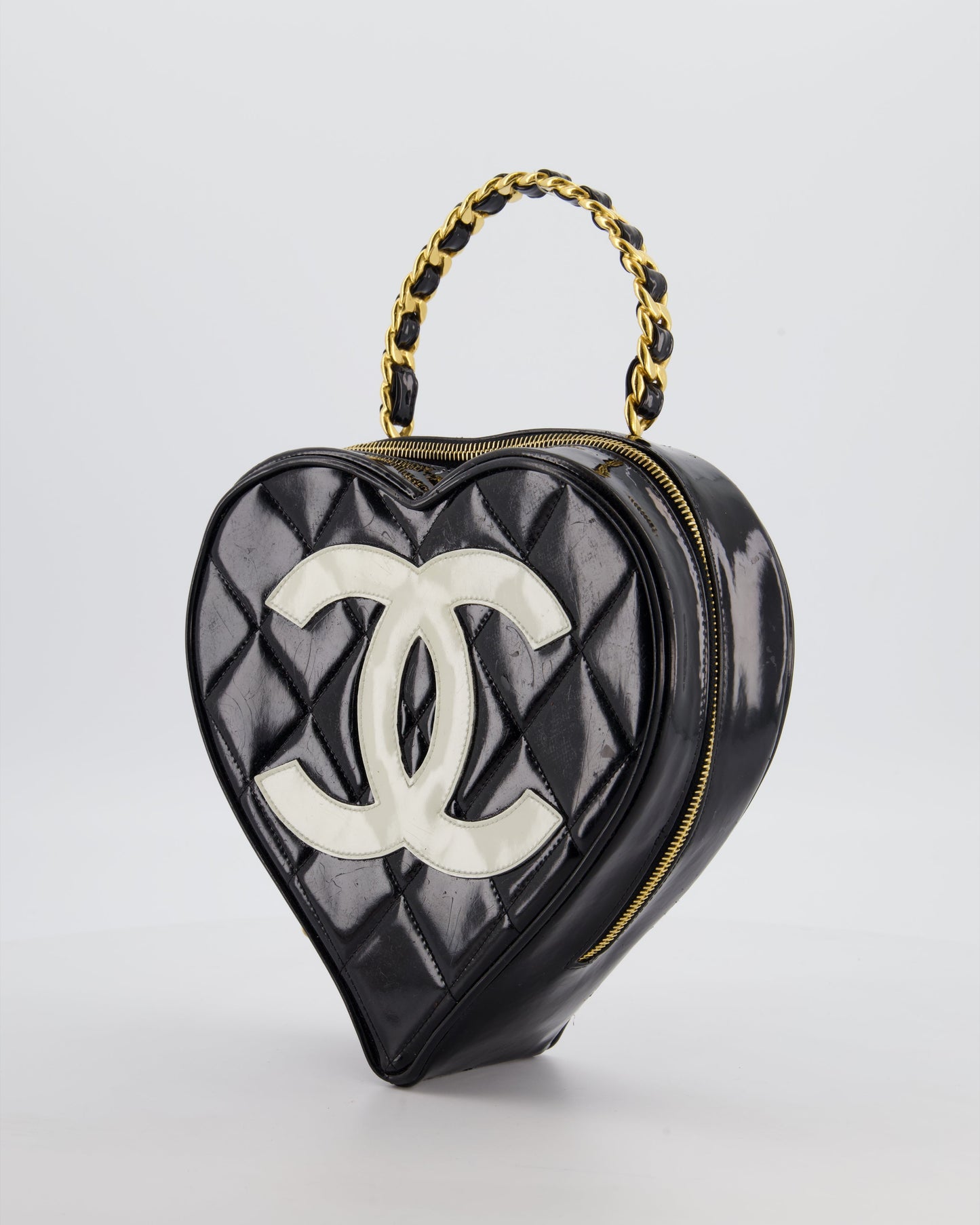 *RARE COLLECTORS ITEM* Chanel 1995   Black Heart Vanity Bag with White CC Logo and Gold Chain Handle Detail