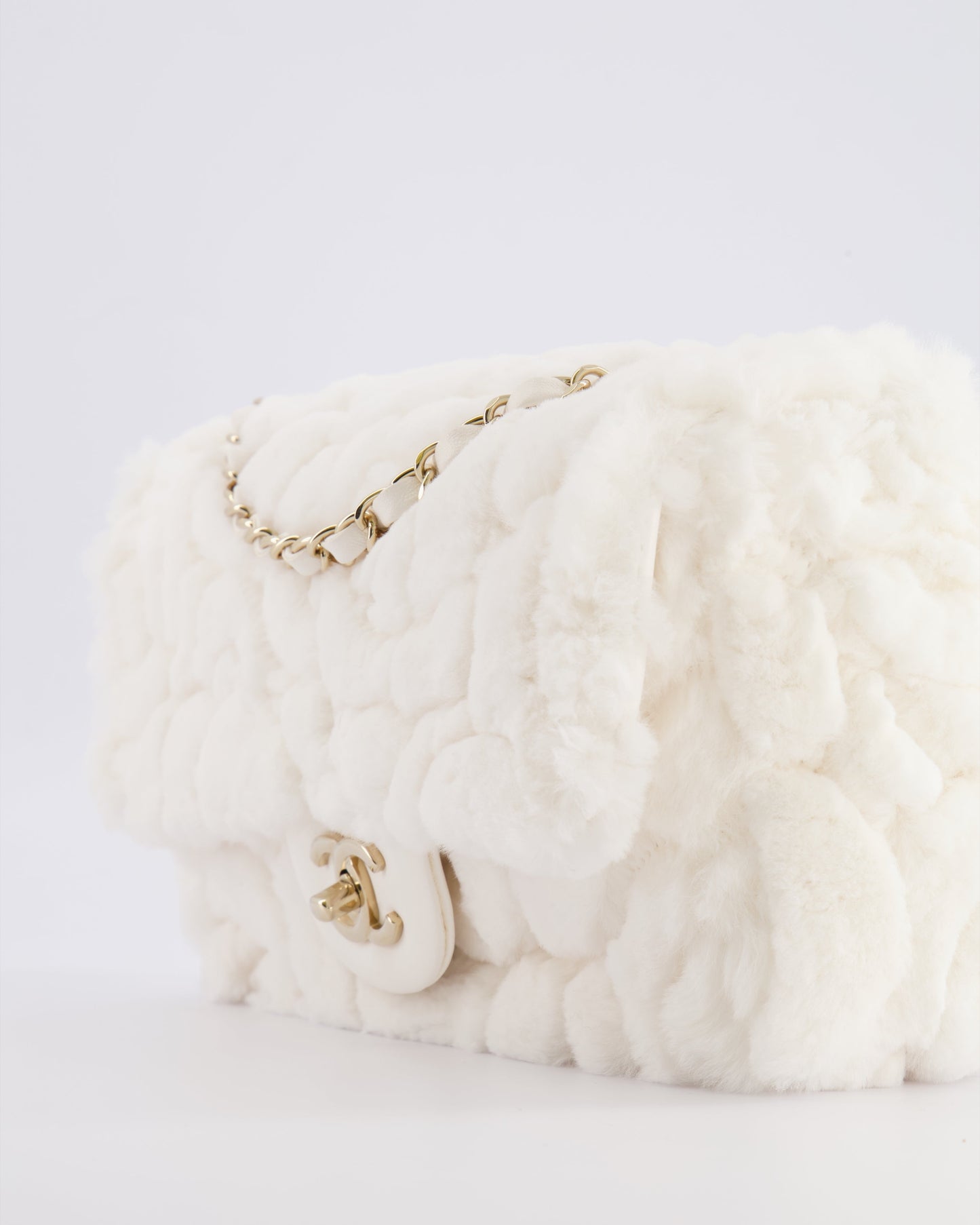 *RARE* Chanel White Rabbit Fur Classic Single Flap Bag with Camelia Flower Motif and Champagne Gold Hardware