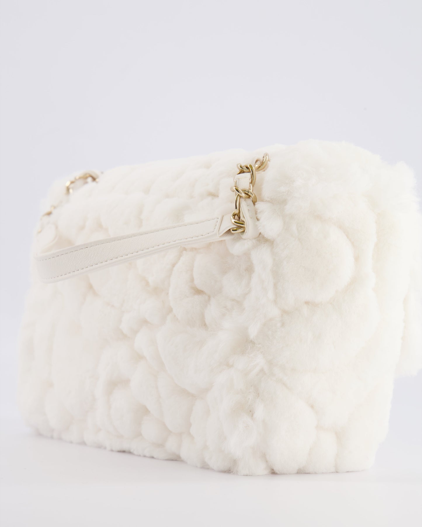 *RARE* Chanel White Rabbit Fur Classic Single Flap Bag with Camelia Flower Motif and Champagne Gold Hardware