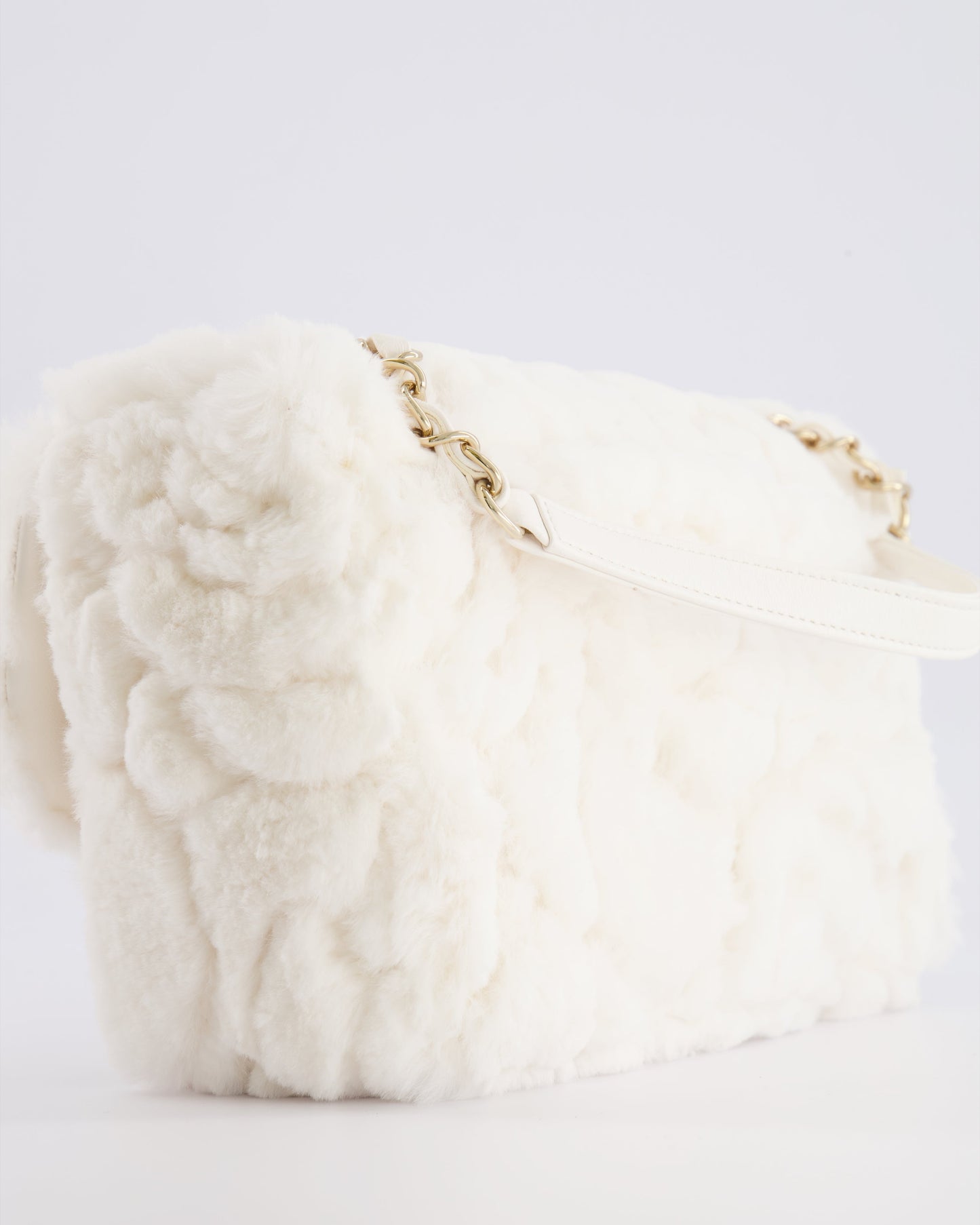 *RARE* Chanel White Rabbit Fur Classic Single Flap Bag with Camelia Flower Motif and Champagne Gold Hardware
