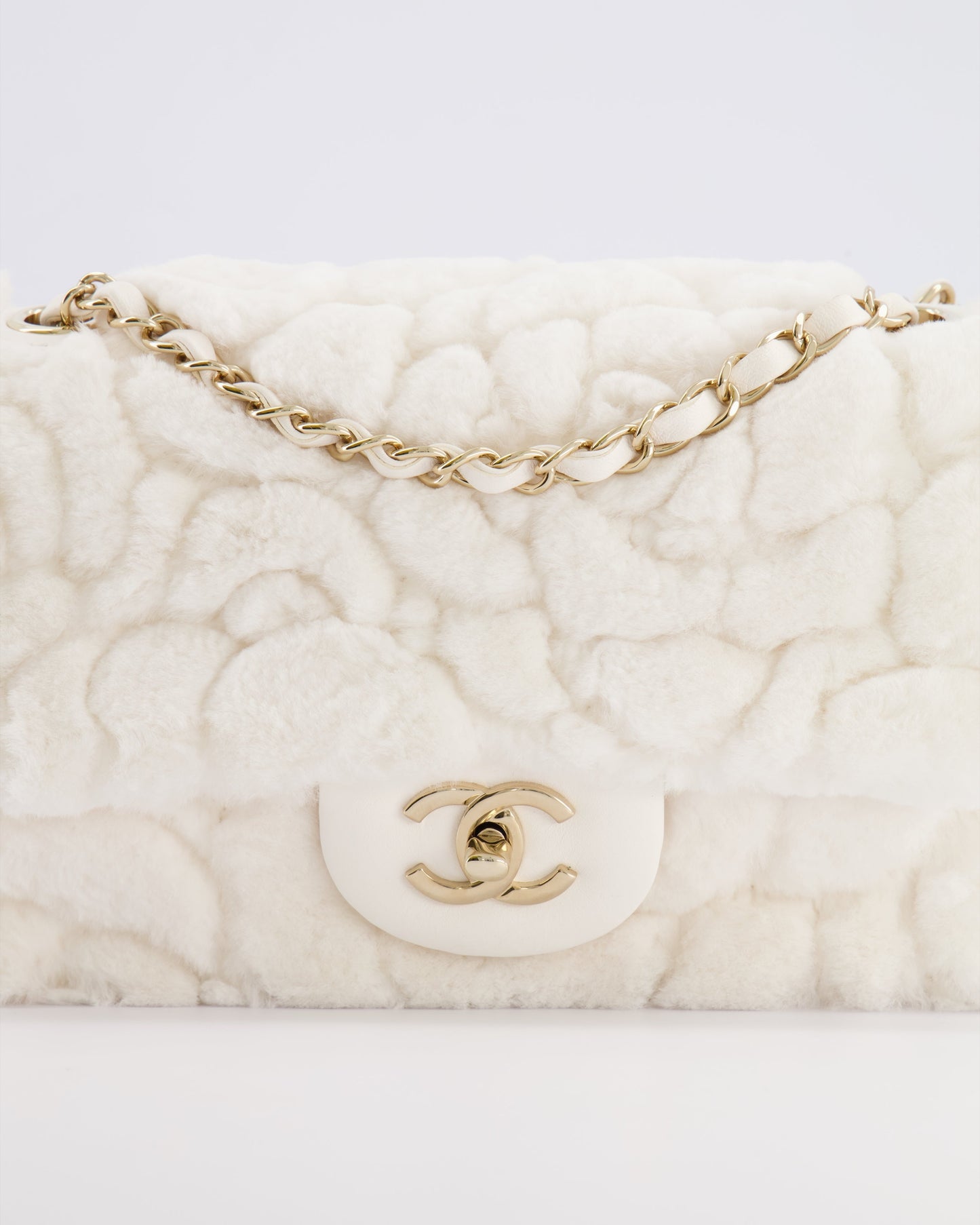*RARE* Chanel White Rabbit Fur Classic Single Flap Bag with Camelia Flower Motif and Champagne Gold Hardware