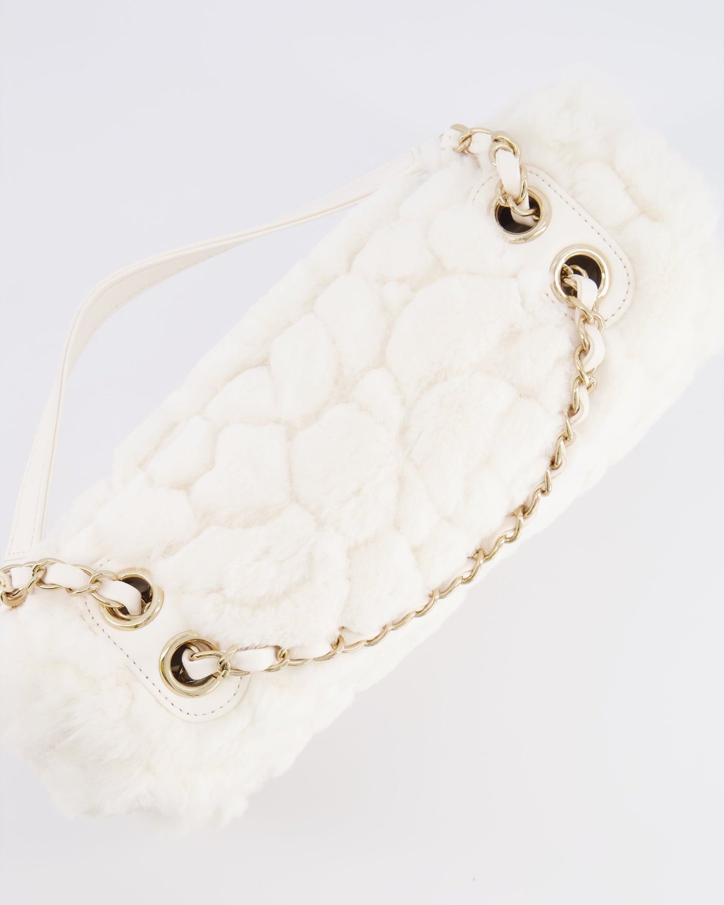 *RARE* Chanel White Rabbit Fur Classic Single Flap Bag with Camelia Flower Motif and Champagne Gold Hardware