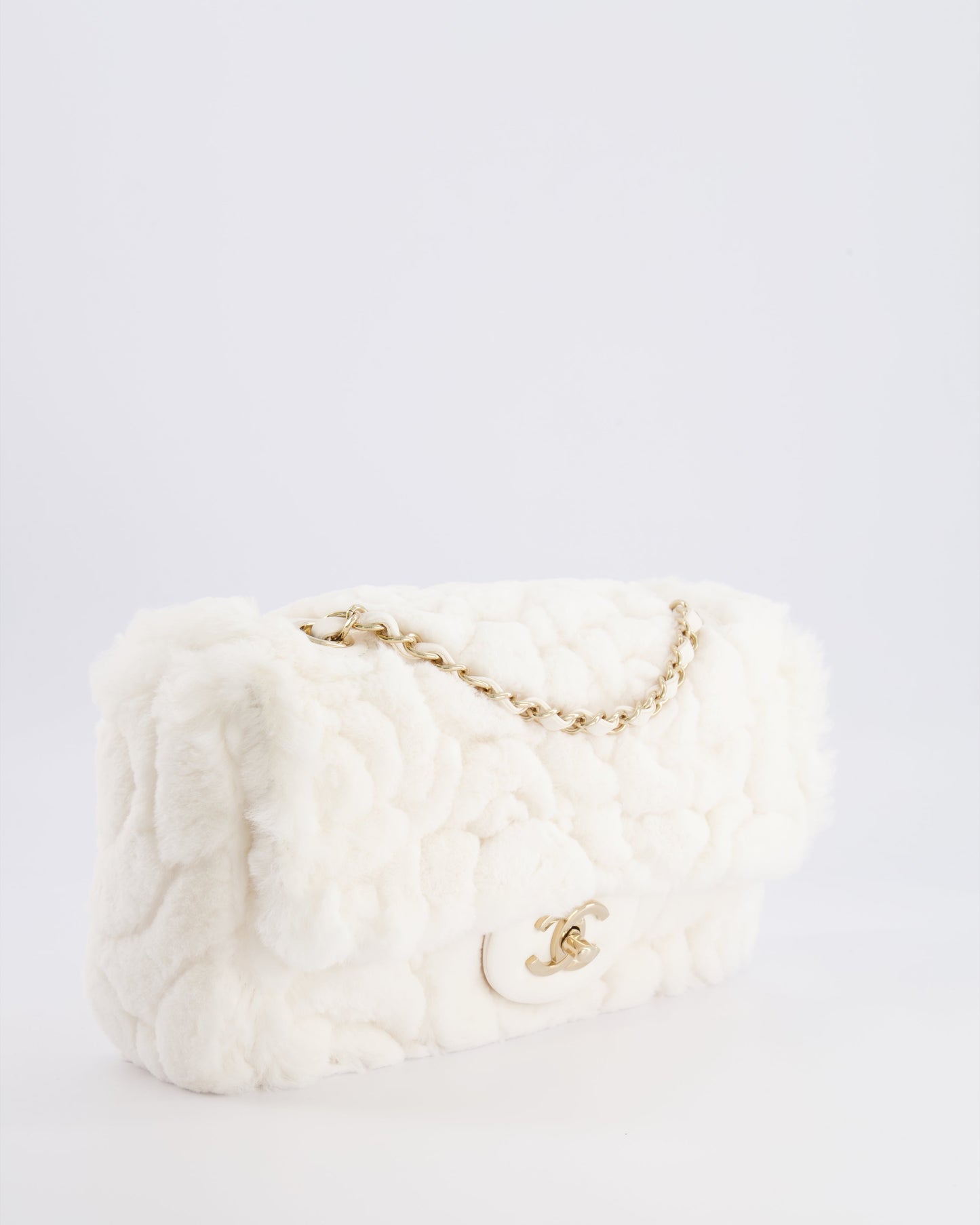*RARE* Chanel White Rabbit Fur Classic Single Flap Bag with Camelia Flower Motif and Champagne Gold Hardware