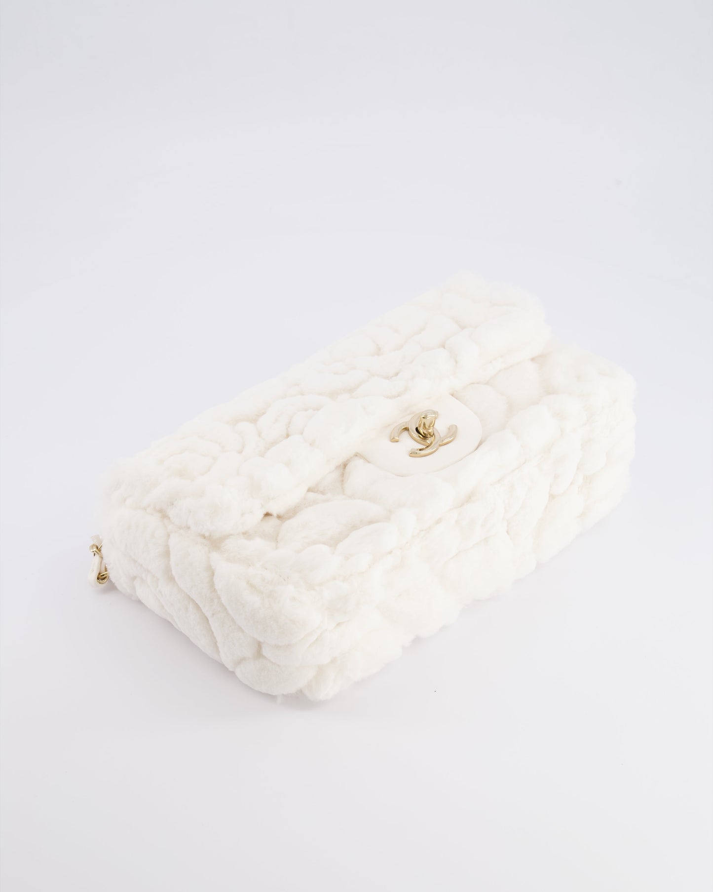 *RARE* Chanel White Rabbit Fur Classic Single Flap Bag with Camelia Flower Motif and Champagne Gold Hardware