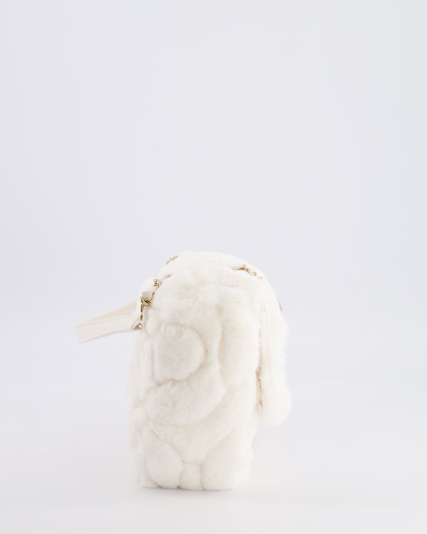 *RARE* Chanel White Rabbit Fur Classic Single Flap Bag with Camelia Flower Motif and Champagne Gold Hardware