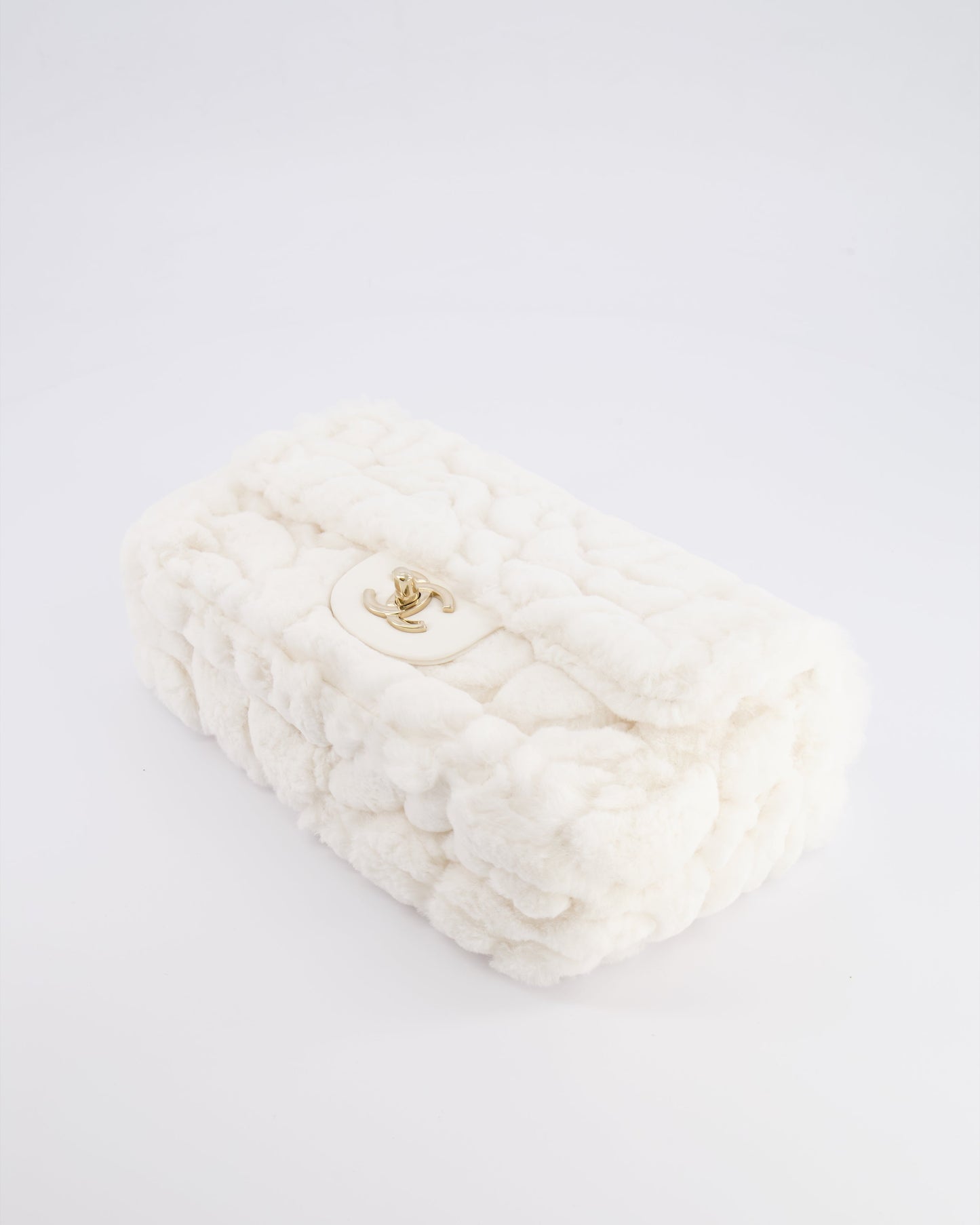 *RARE* Chanel White Rabbit Fur Classic Single Flap Bag with Camelia Flower Motif and Champagne Gold Hardware