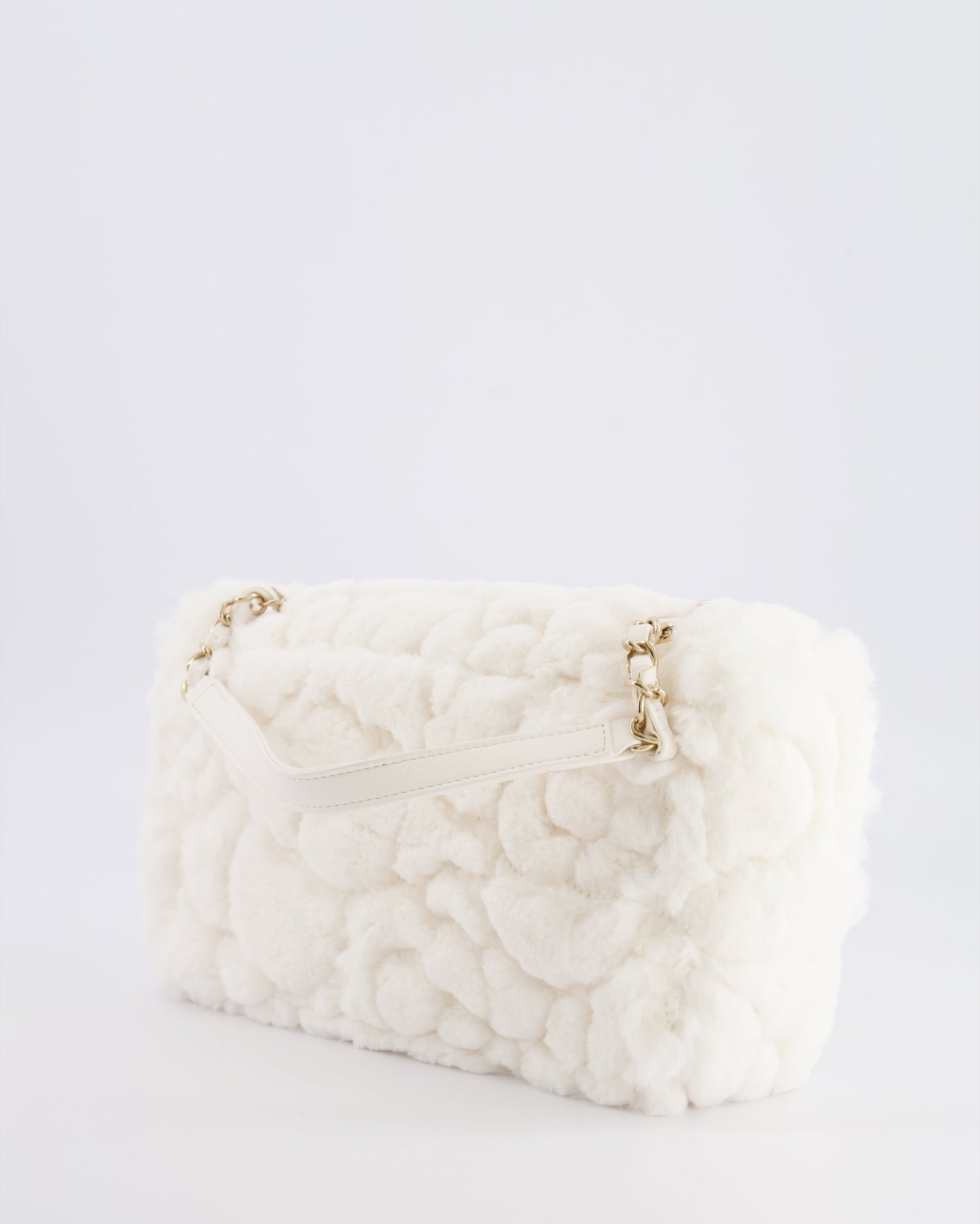*RARE* Chanel White Rabbit Fur Classic Single Flap Bag with Camelia Flower Motif and Champagne Gold Hardware
