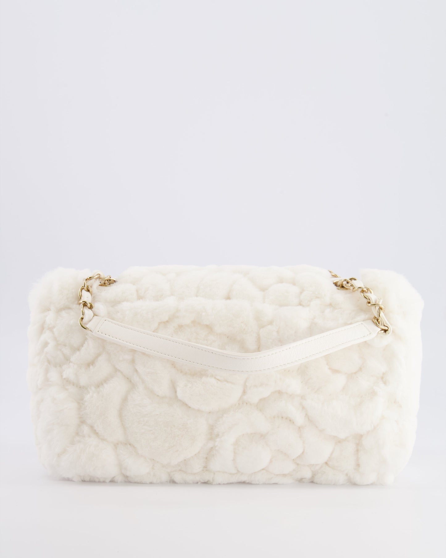 *RARE* Chanel White Rabbit Fur Classic Single Flap Bag with Camelia Flower Motif and Champagne Gold Hardware