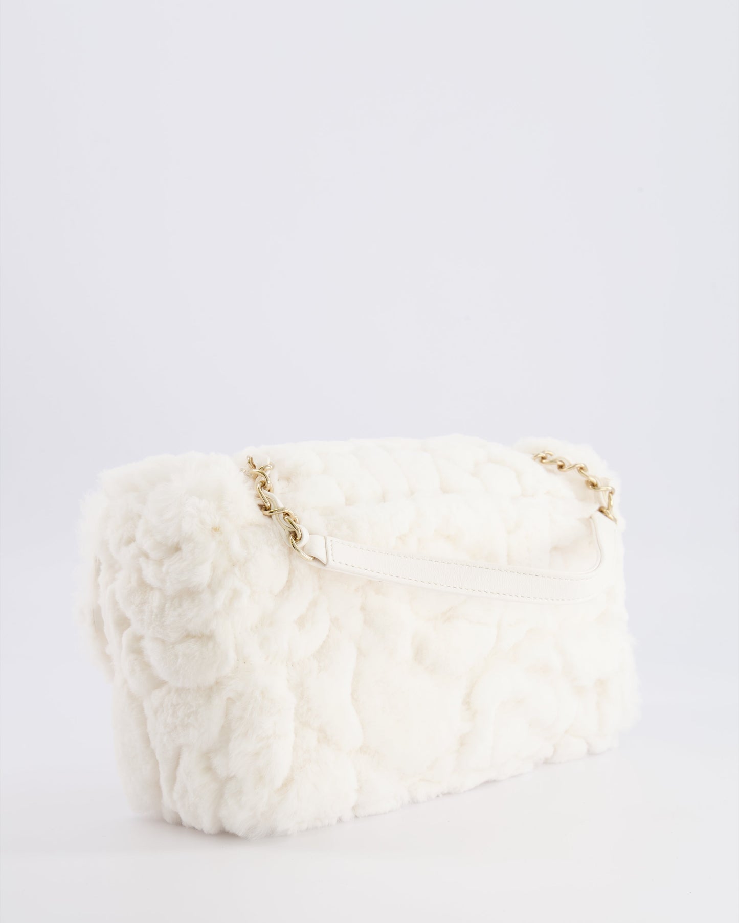 *RARE* Chanel White Rabbit Fur Classic Single Flap Bag with Camelia Flower Motif and Champagne Gold Hardware