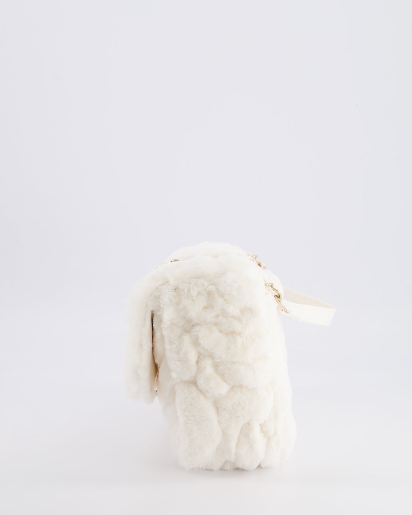 *RARE* Chanel White Rabbit Fur Classic Single Flap Bag with Camelia Flower Motif and Champagne Gold Hardware