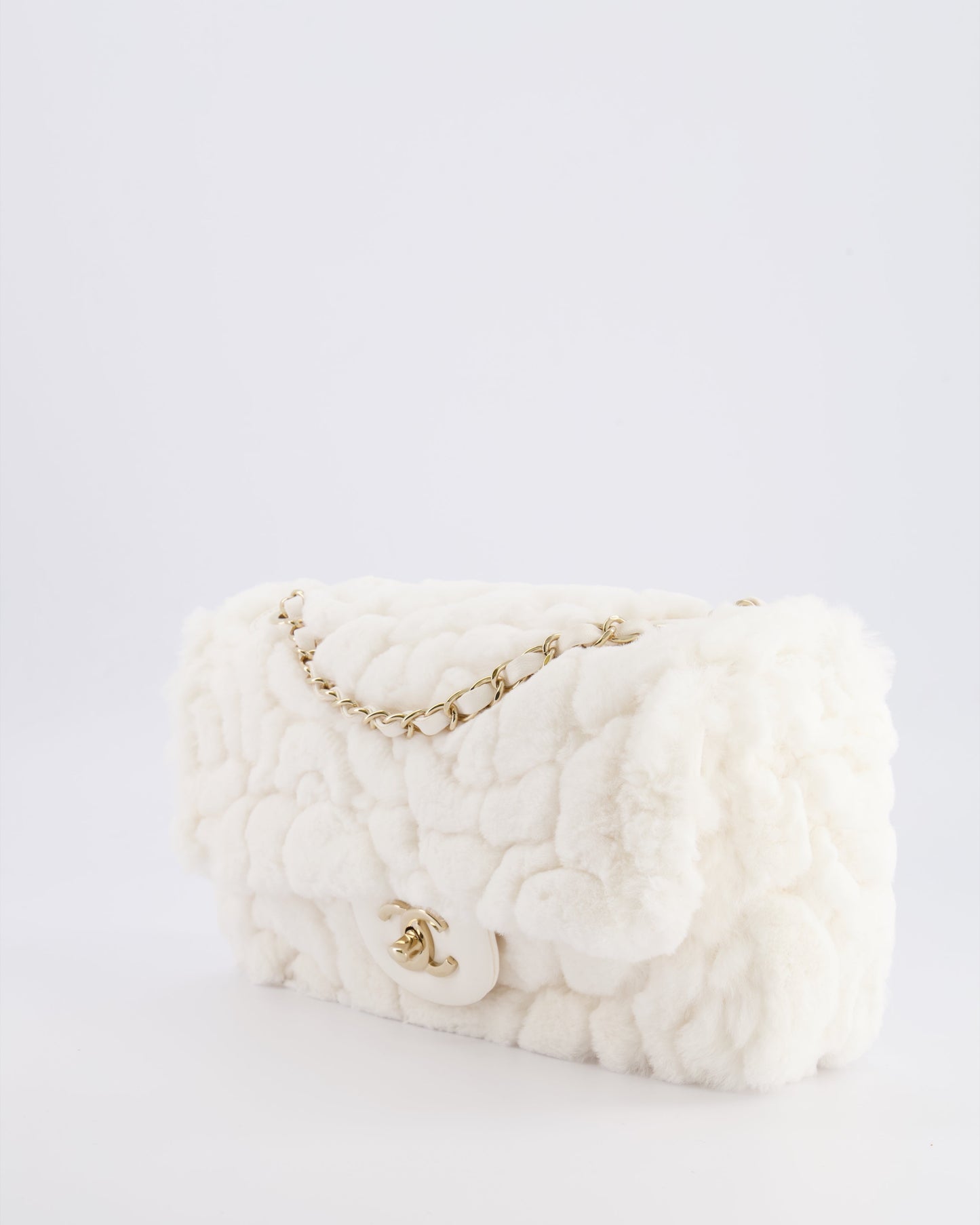 *RARE* Chanel White Rabbit Fur Classic Single Flap Bag with Camelia Flower Motif and Champagne Gold Hardware