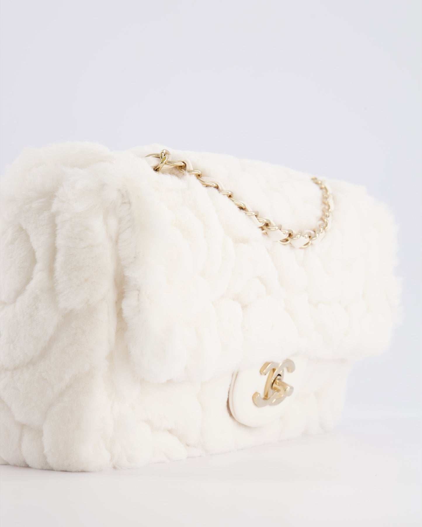 *RARE* Chanel White Rabbit Fur Classic Single Flap Bag with Camelia Flower Motif and Champagne Gold Hardware