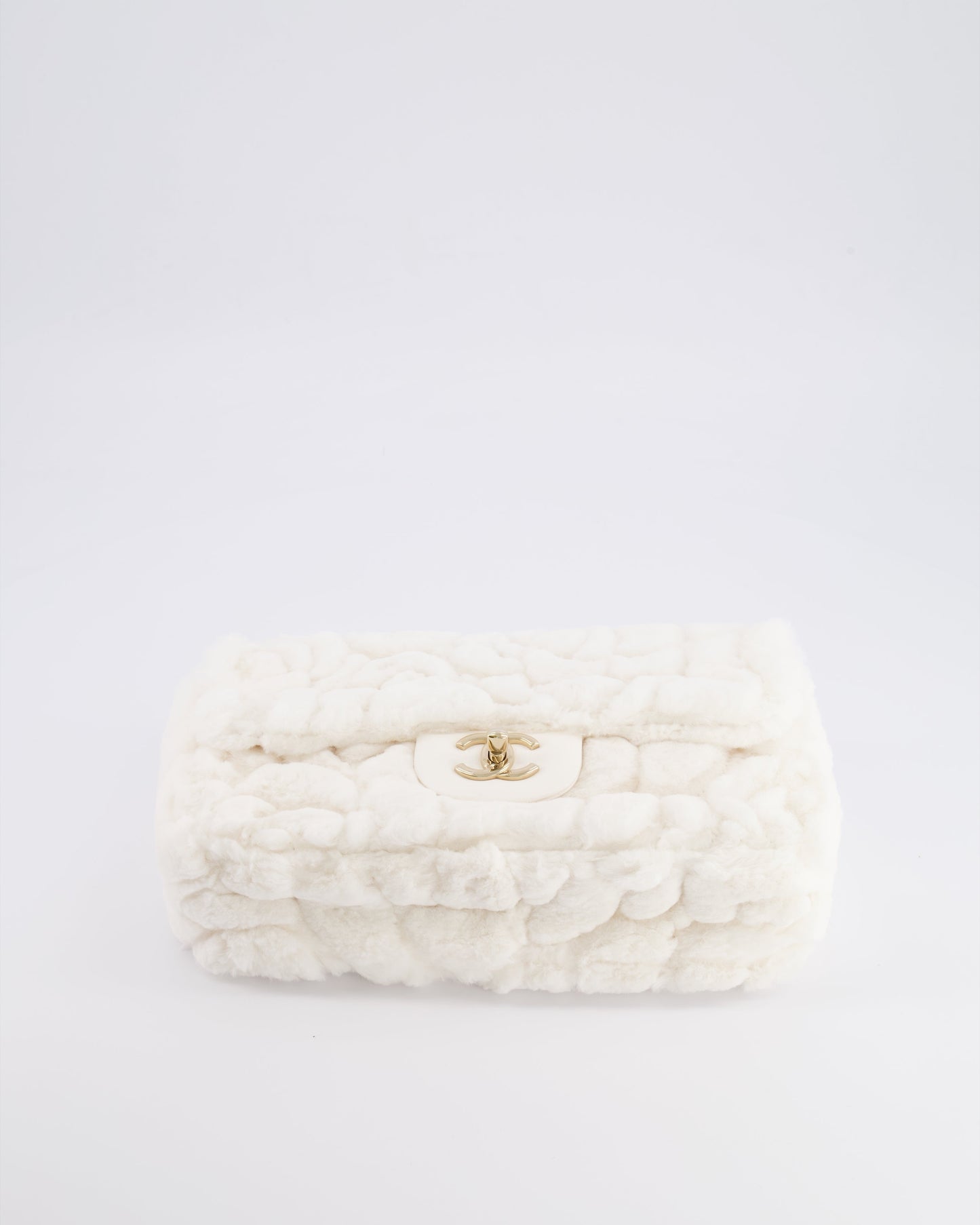 *RARE* Chanel White Rabbit Fur Classic Single Flap Bag with Camelia Flower Motif and Champagne Gold Hardware