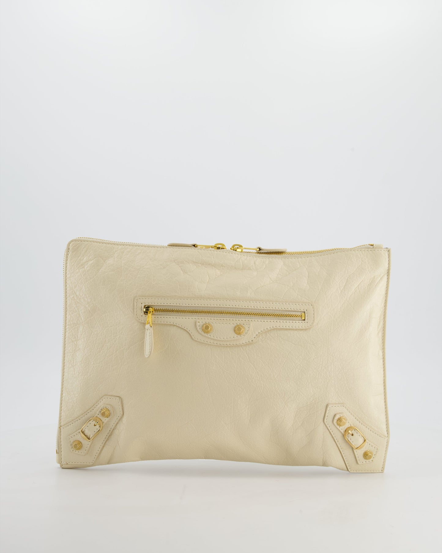 Balenciaga Cream Motocross Metallic Edge Clutch with Gold Hardware