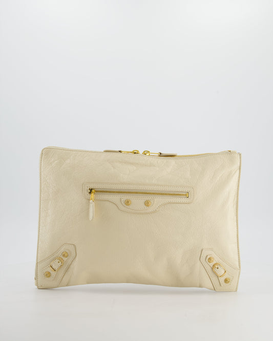 Balenciaga Cream Motocross Metallic Edge Clutch with Gold Hardware