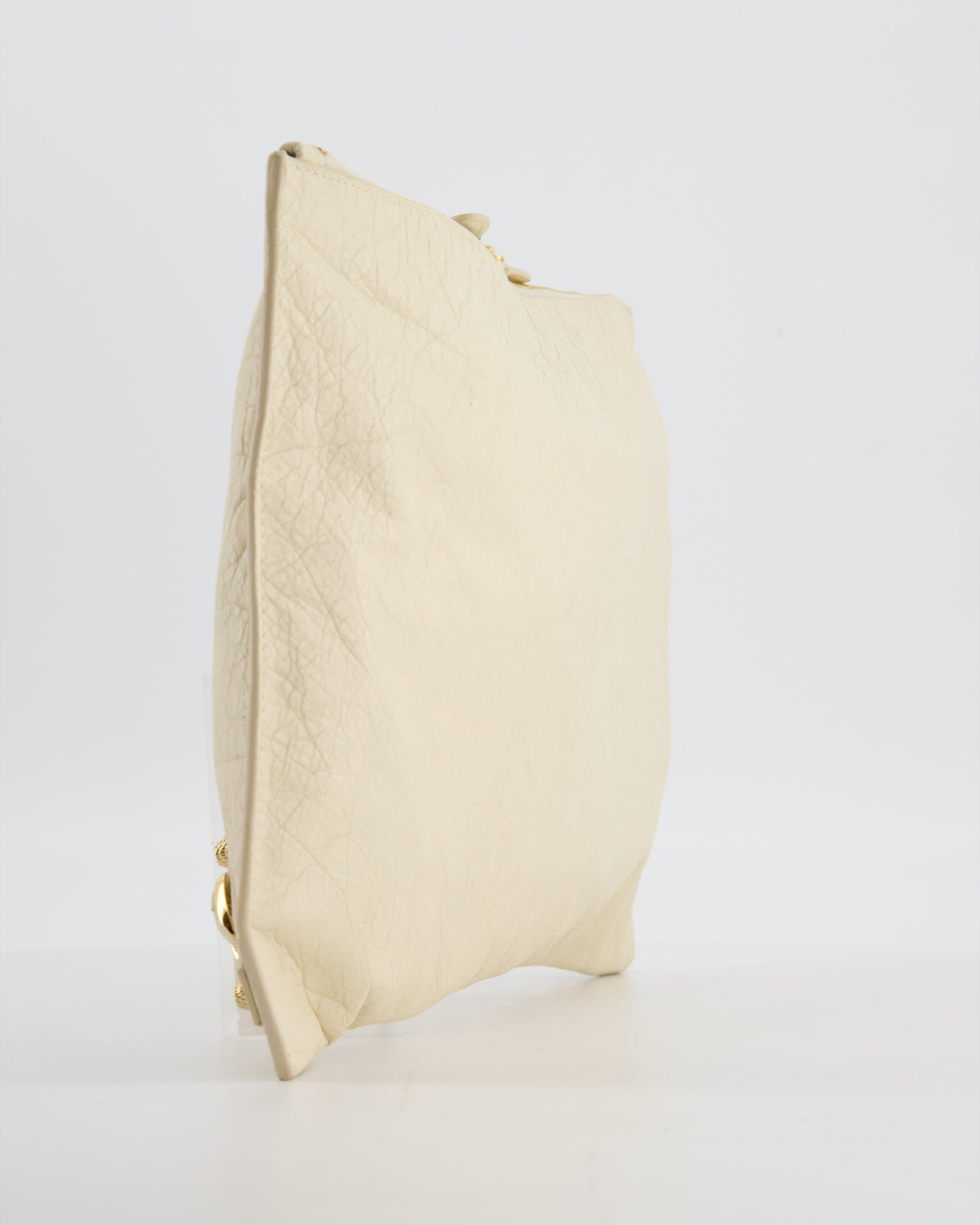 Balenciaga Cream Motocross Metallic Edge Clutch with Gold Hardware