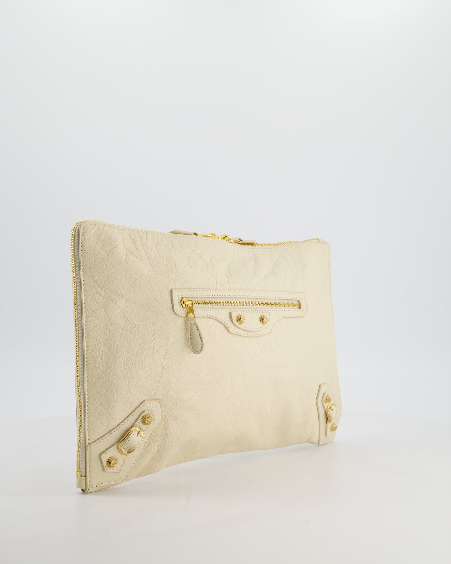 Balenciaga Cream Motocross Metallic Edge Clutch with Gold Hardware