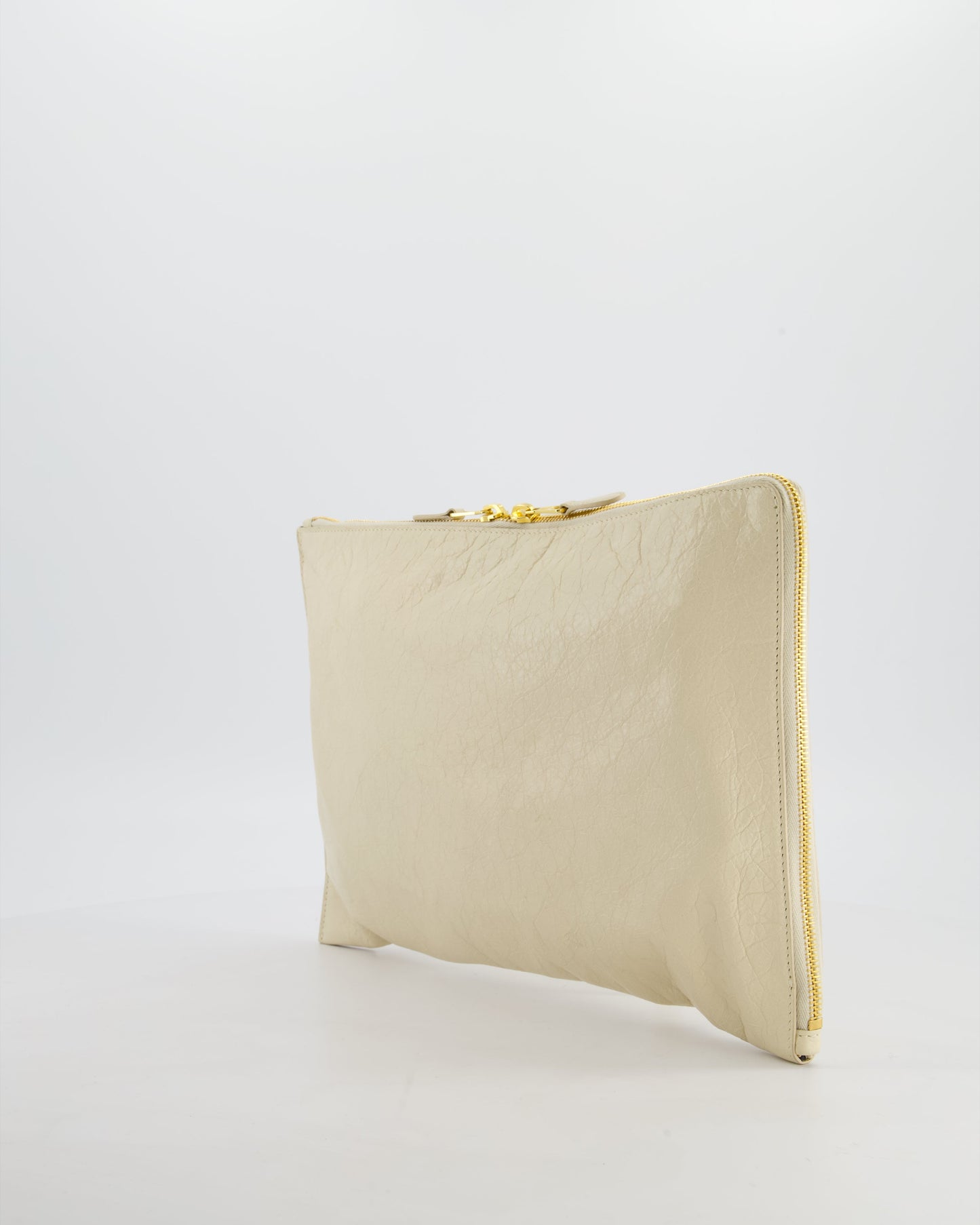 Balenciaga Cream Motocross Metallic Edge Clutch with Gold Hardware