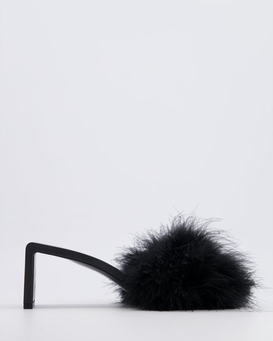 Balenciaga Black Mono Feather Embellished Heeled Mules with Logo Detail Size EU 37
