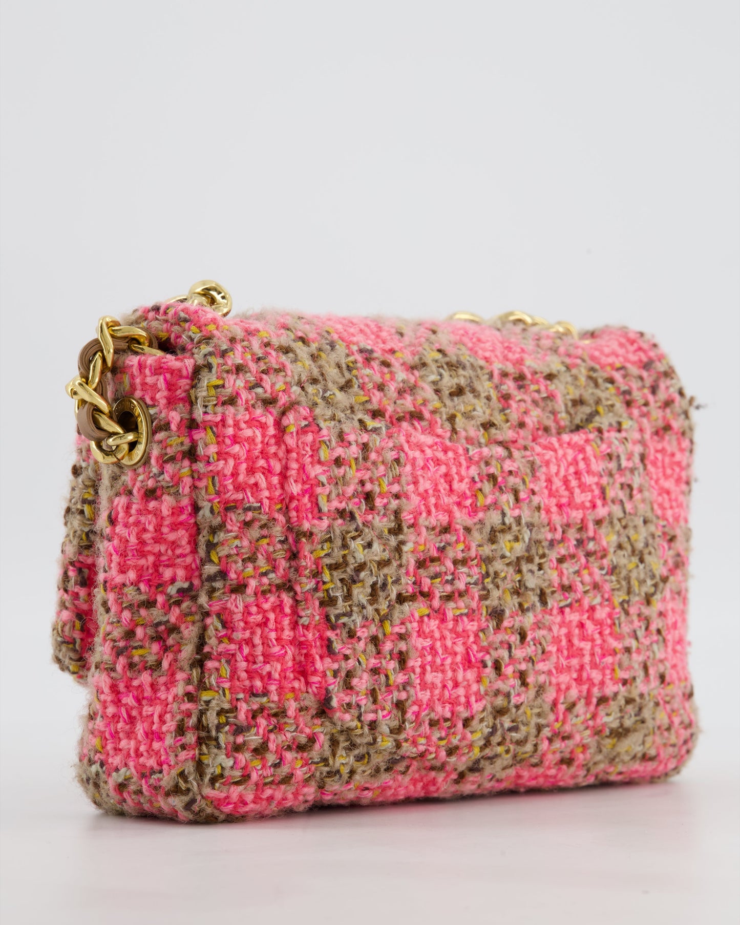 Chanel Mini 19 Flap Bag in Pink, Beige Check Tweed with Gold Hardware and Chunky Gold Chain Handle