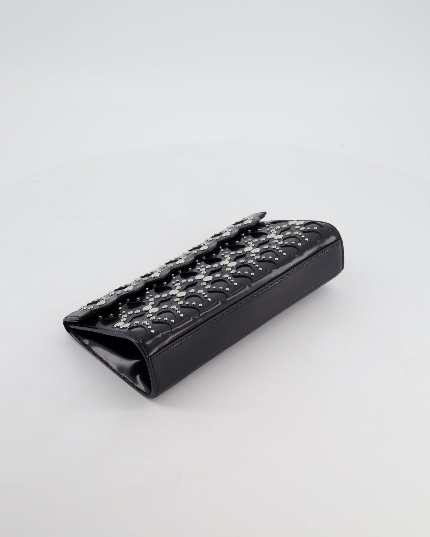Alaïa Studded Laser Cut Flap Clutch Bag in Black Patent Leather with Wrist Strap and Mirror