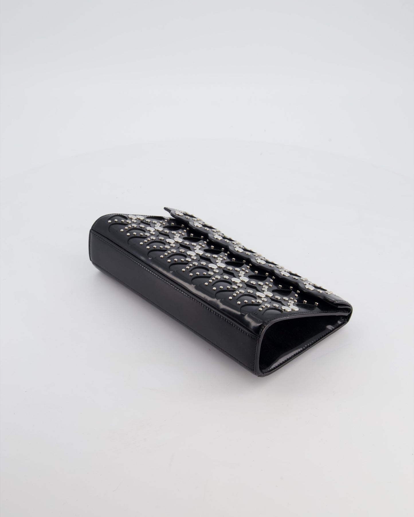 Alaïa Studded Laser Cut Flap Clutch Bag in Black Patent Leather with Wrist Strap and Mirror